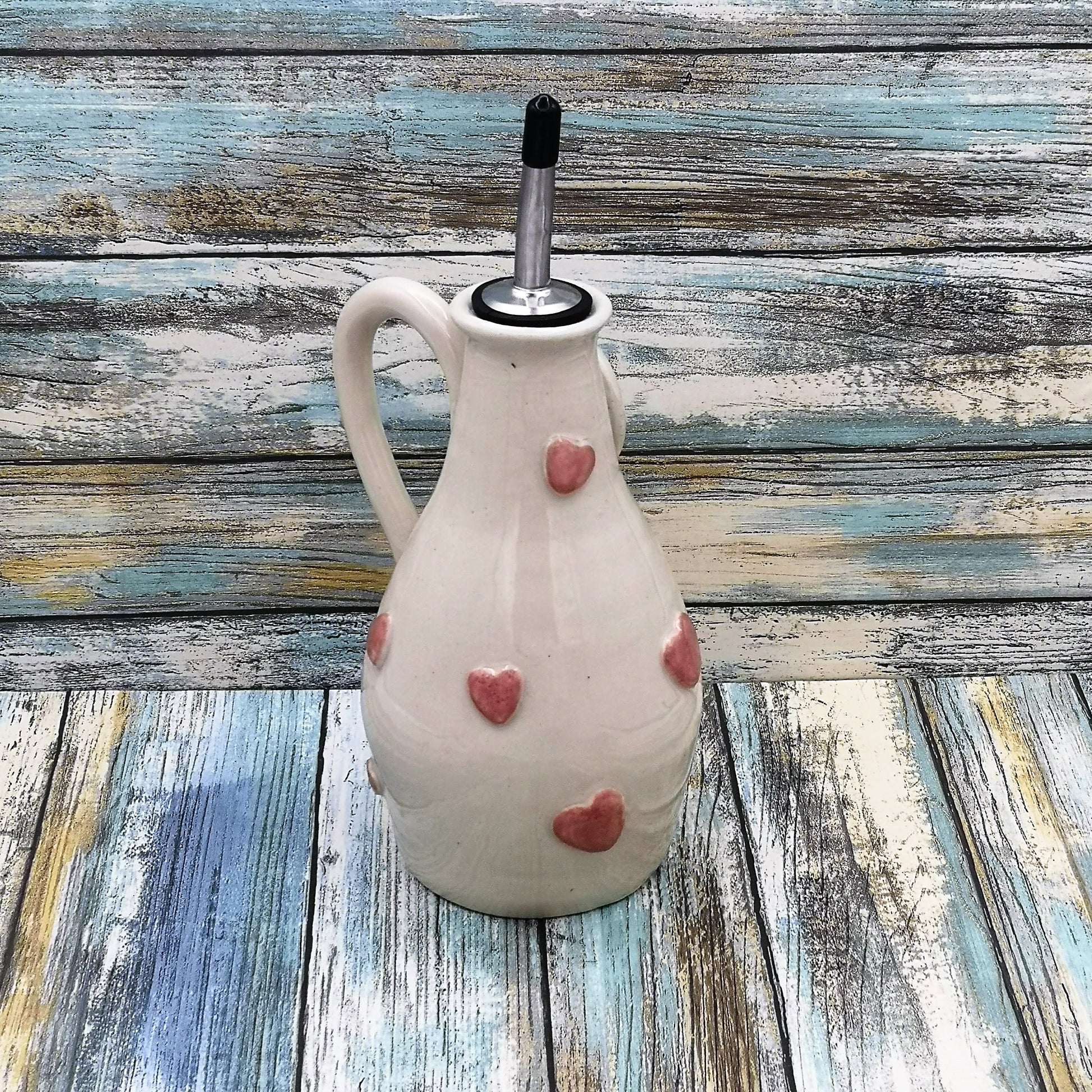 Handmade Ceramic Beige With Pink Hearts Olive Oil Dispenser, Stoneware Pottery Olive Oil Cruet, Decorative Bottles, Mothers Day Cooking Gift - Ceramica Ana Rafael