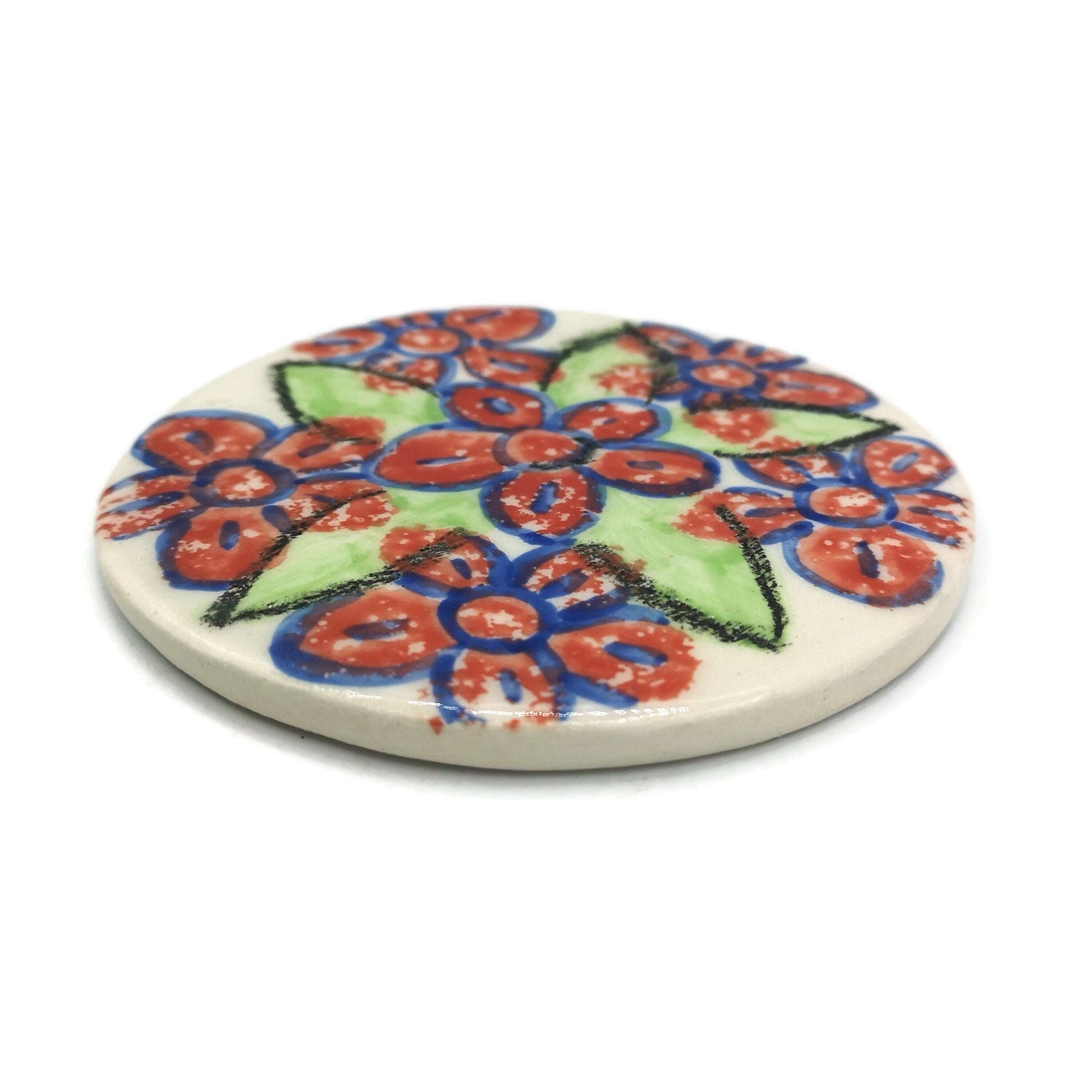 1Pc Handpainted Floral Large Handmade Ceramic Coaster Tile, Office Desk Accessories for Women, Cork Backing Round Artisan Botanical Coaster
