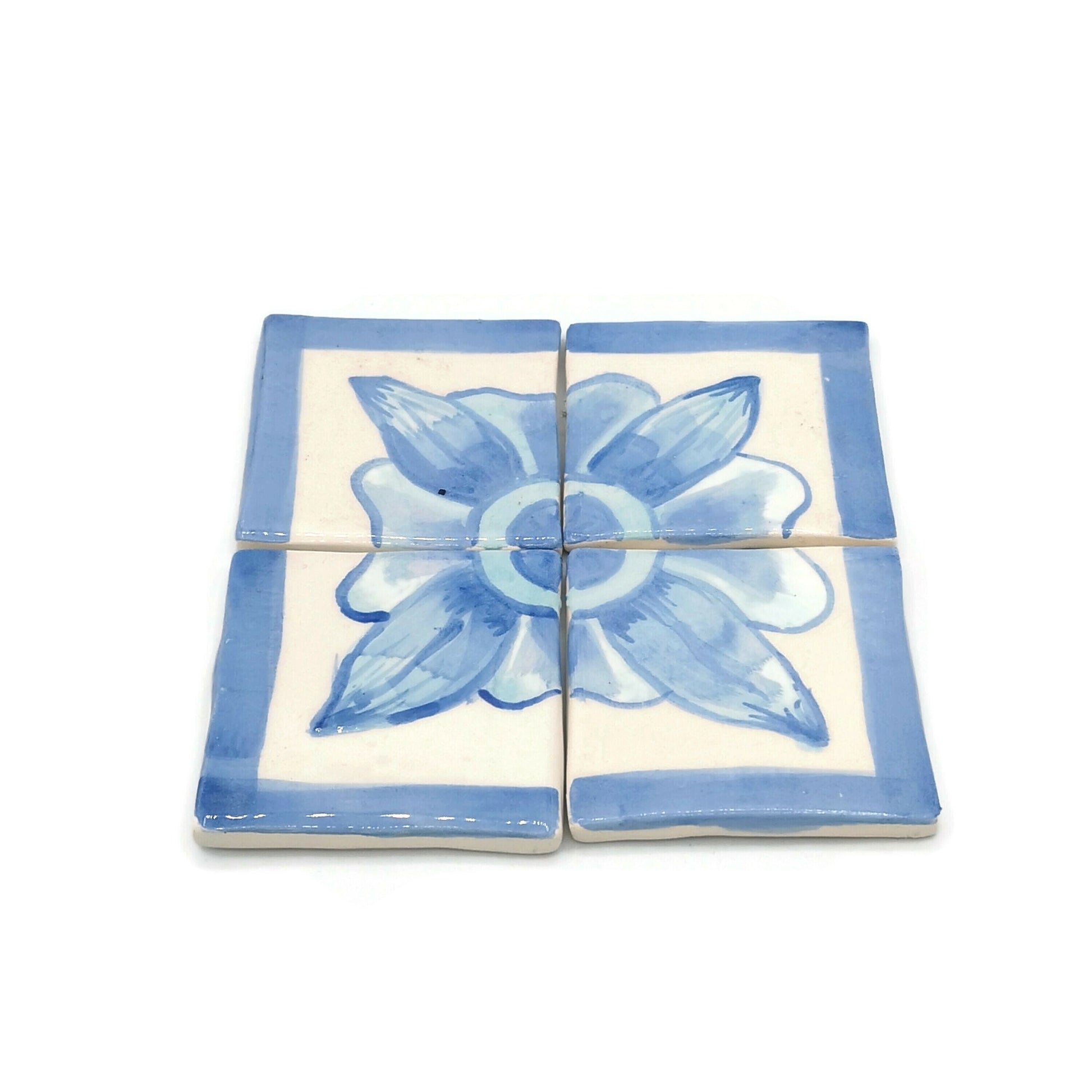 15cm/5.9in Handmade Ceramic Blue And White Tile Panel With Hand Painted Floral Motif, Square Mosaic Panel Kitchen Backsplash Portuguese Tile - Ceramica Ana Rafael
