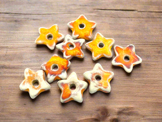 9Pc 15mm Orange Tiny Star Beads | Handmade Ceramic Macrame Beads