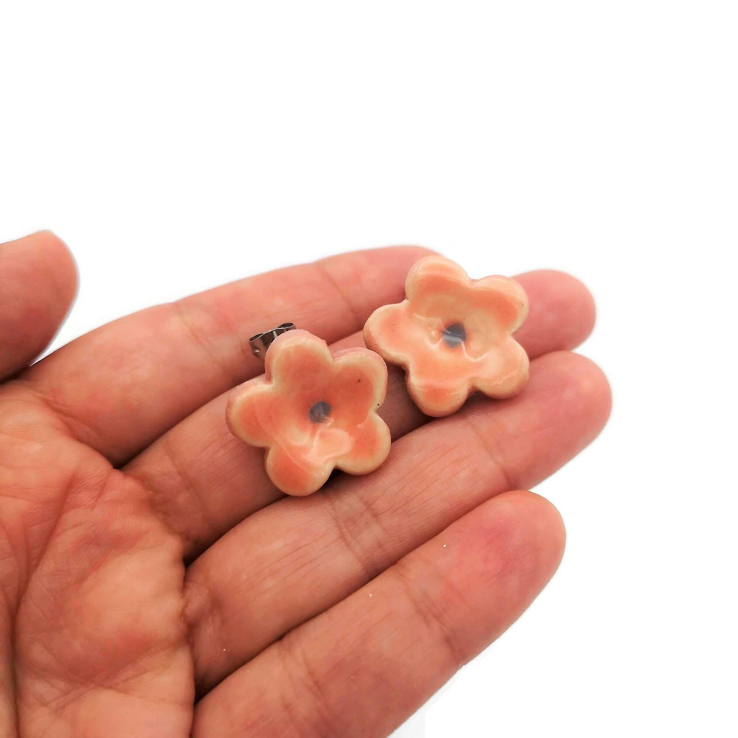 Pink Flower Stud Earrings, Ceramic Dainty Earrings Cute Jewelry For Teen Girl Gifts, Small Clay Boho Designer Earrings, Best Gifts For Her - Ceramica Ana Rafael