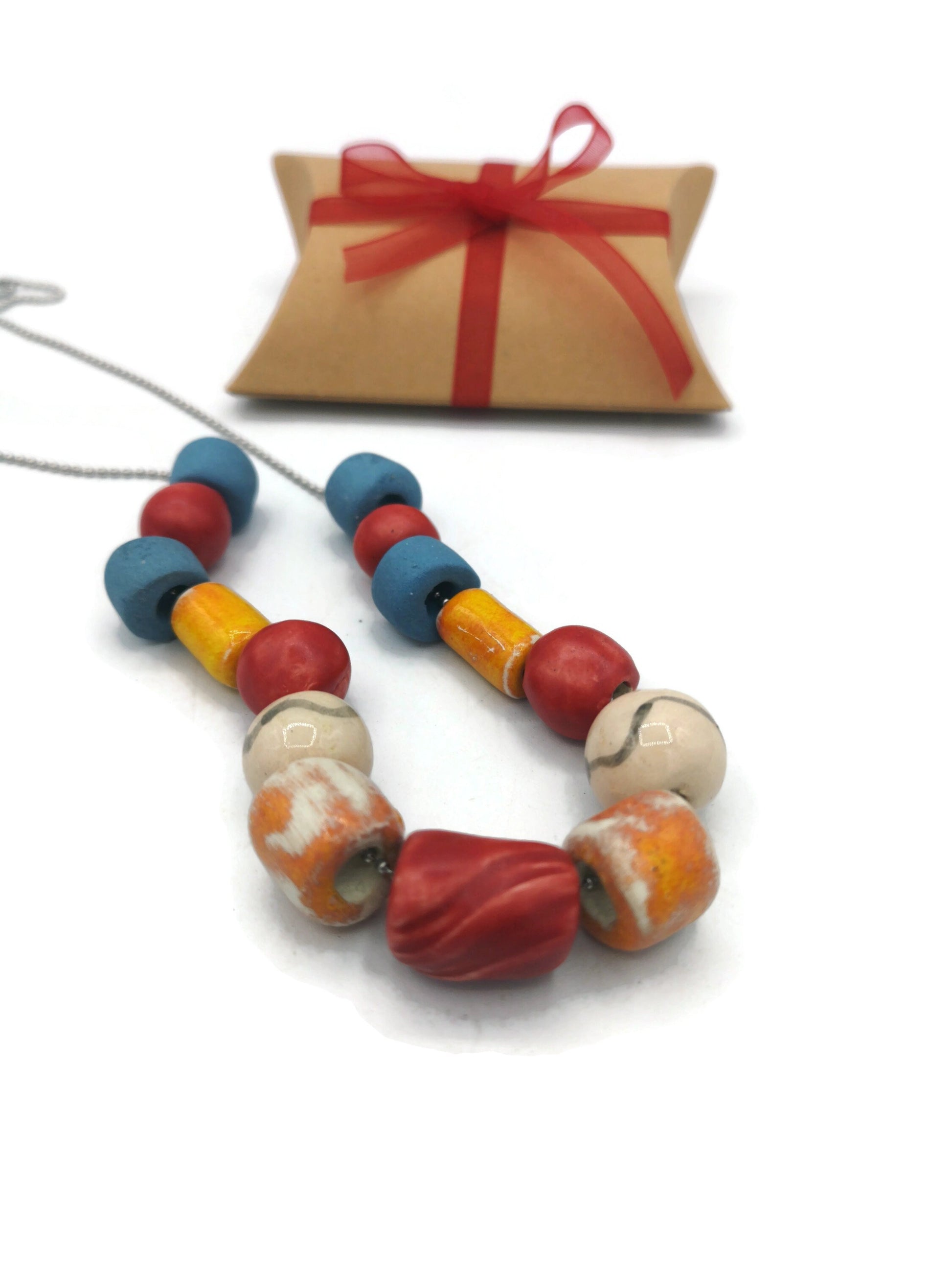 Chunky Statement Beaded Necklace Long, Hippie Necklace Colorful Mom Birthday Gift From Daughter, Aesthetic Clay Necklace - Ceramica Ana Rafael