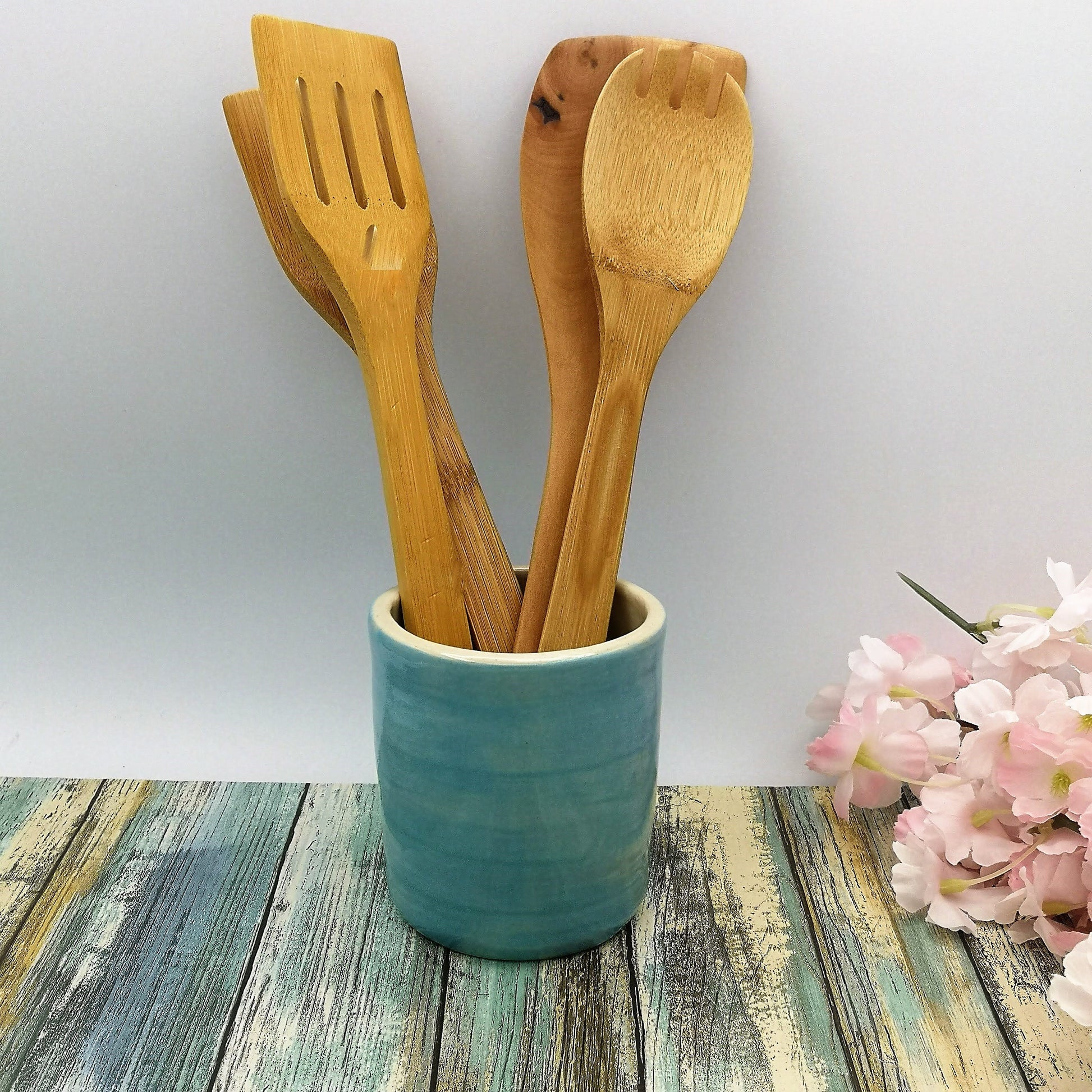 Handmade Ceramic Utensil Holder, Turquoise Kitchen Utensil Organizer, Unique Wedding Gift For Couple, Housewarming Gift New Home - Ceramica Ana Rafael