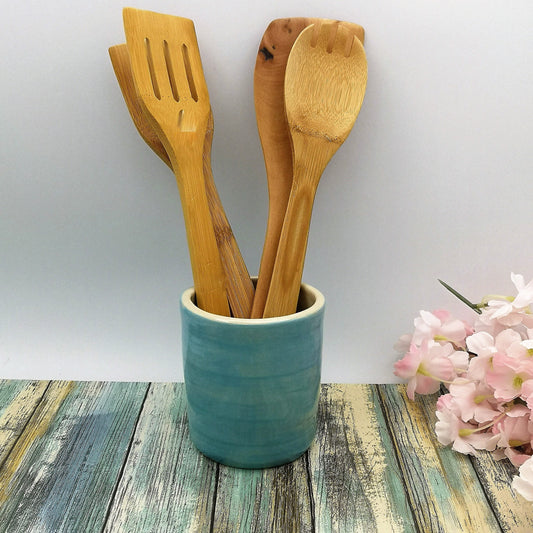 Handmade Ceramic Utensil Holder, Turquoise Kitchen Utensil Organizer, Unique Wedding Gift For Couple, Housewarming Gift New Home - Ceramica Ana Rafael