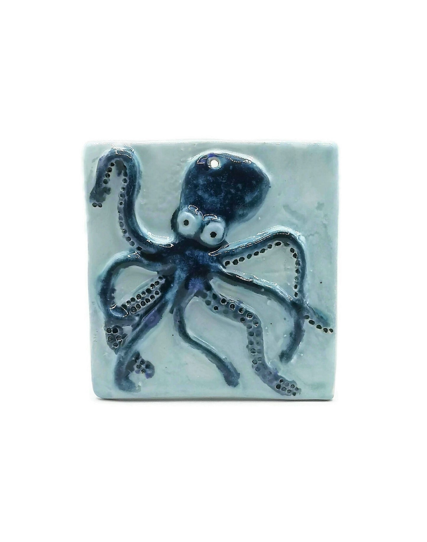 Handmade Ceramic Octopus Tile With Hole To Hang, Blue Octopus Wall Decor, Beach Lover Gift for Women - Ceramica Ana Rafael