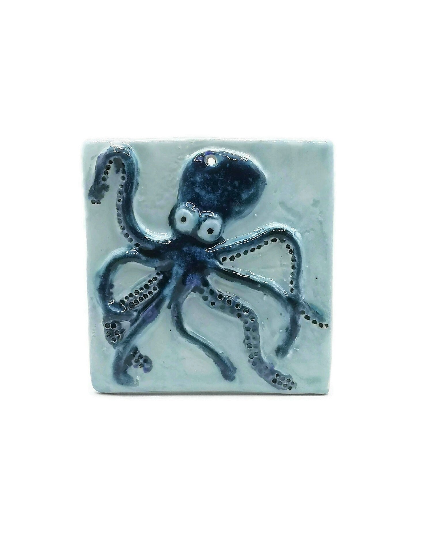 Handmade Ceramic Octopus Tile With Hole To Hang, Blue Octopus Wall Decor, Beach Lover Gift for Women - Ceramica Ana Rafael