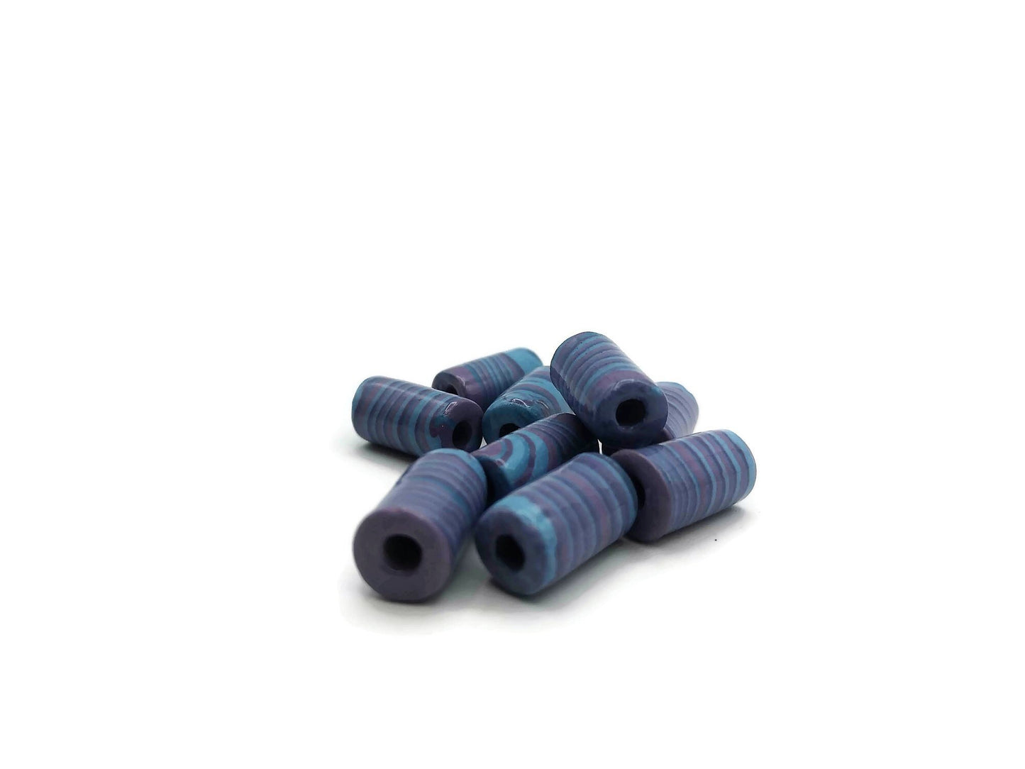 9 Pc Large Handmade Ceramic Tube Beads for Jewelry Making, Artisan Purple and Blue Macrame Beads 4mm Hole, Unique Beard Beads for Hair Braid - Ceramica Ana Rafael
