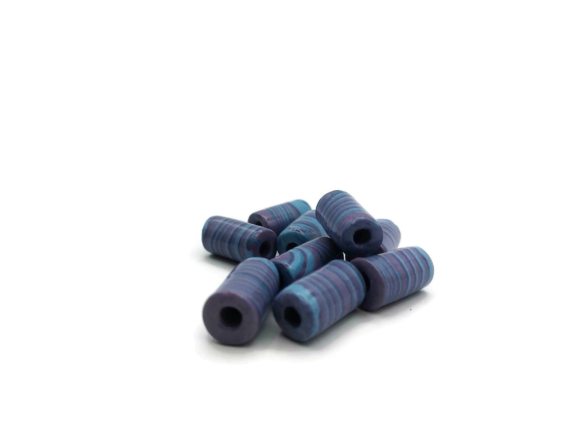 9 Pc Large Handmade Ceramic Tube Beads for Jewelry Making, Artisan Purple and Blue Macrame Beads 4mm Hole, Unique Beard Beads for Hair Braid - Ceramica Ana Rafael