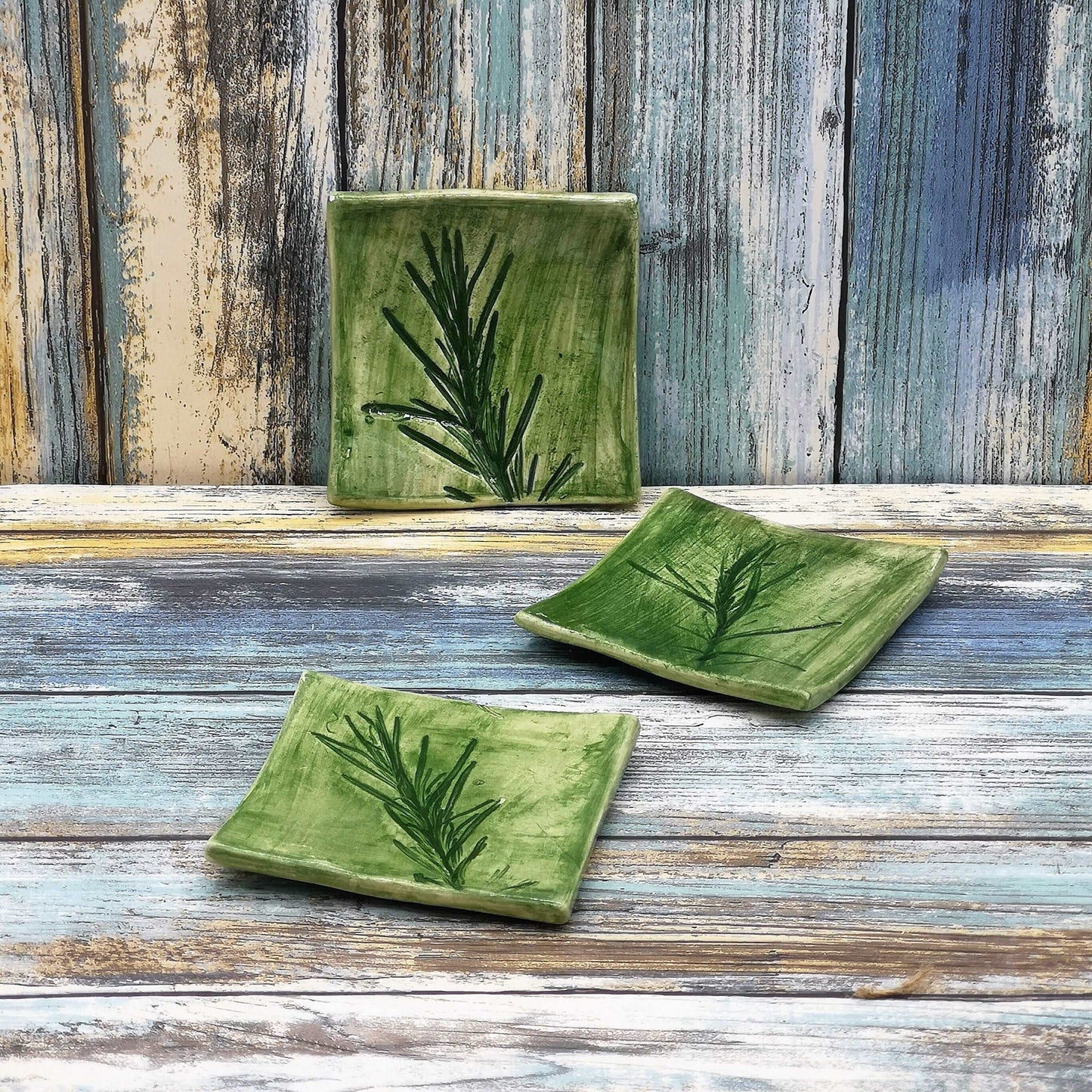 1Pc Clay Ring Dish, Plant Lovers Birthday Gifts, square ceramic trinket dish, 9th-anniversary gift, Sage Flower or Rosemary Leaves Design