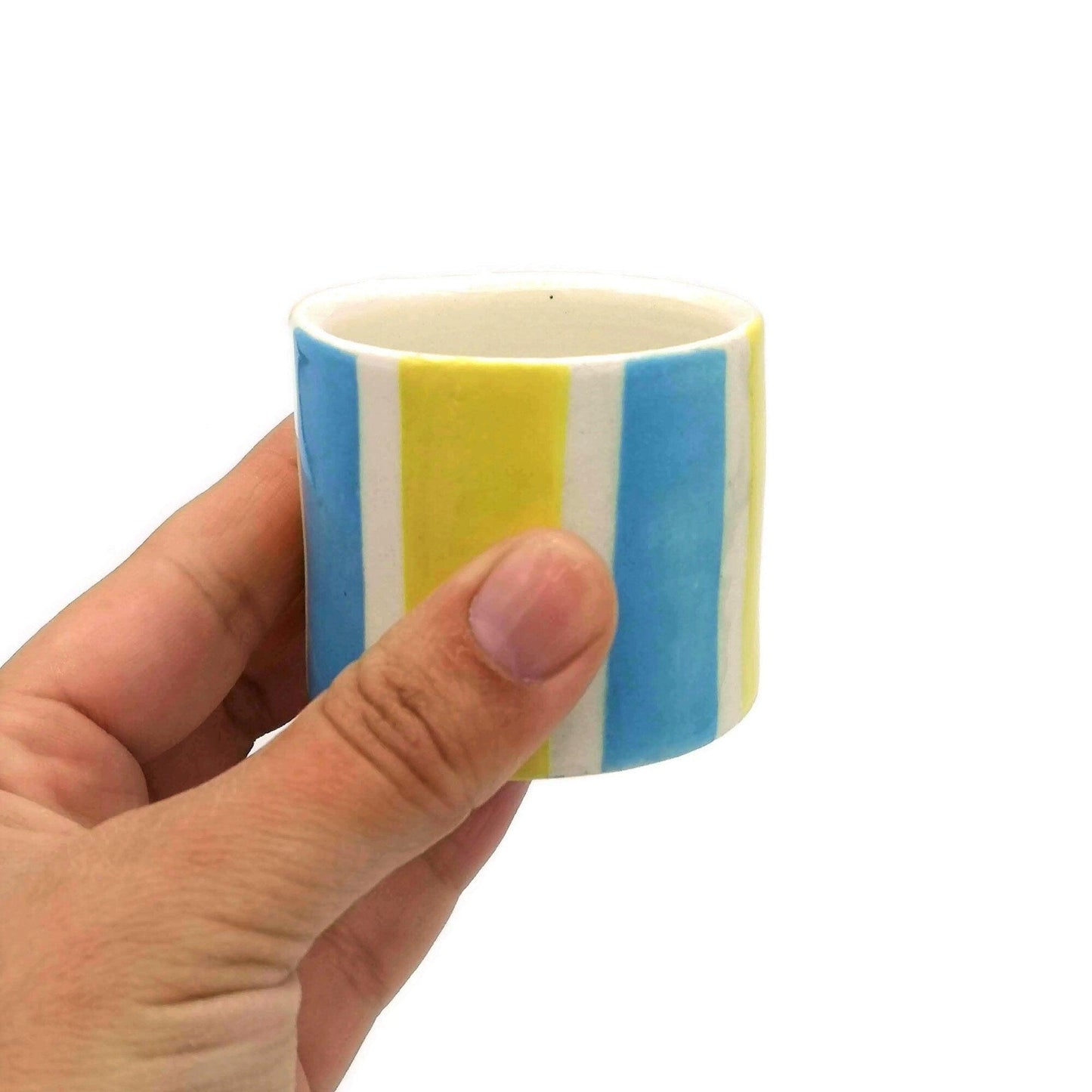 1Pc Handmade Ceramic Espresso Cup, Best Coffee Lovers Gifts For Him, Small Pottery Mug, Striped Blue And Yellow Shot Glass For Men - Ceramica Ana Rafael