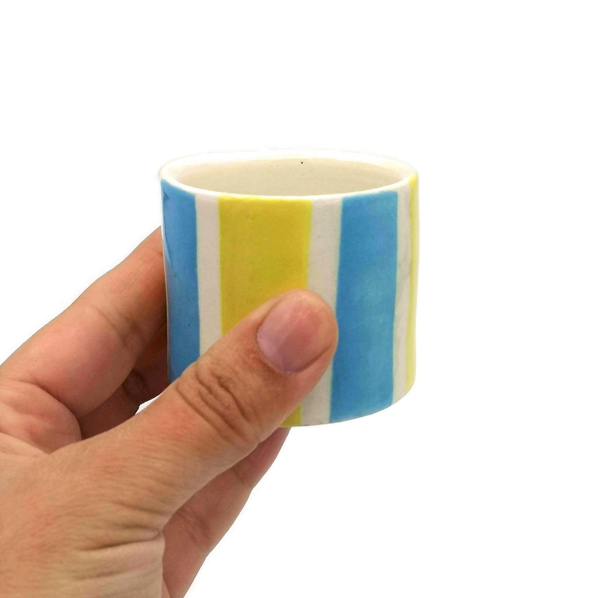 1Pc Handmade Ceramic Espresso Cup, Best Coffee Lovers Gifts For Him, Small Pottery Mug, Striped Blue And Yellow Shot Glass For Men - Ceramica Ana Rafael