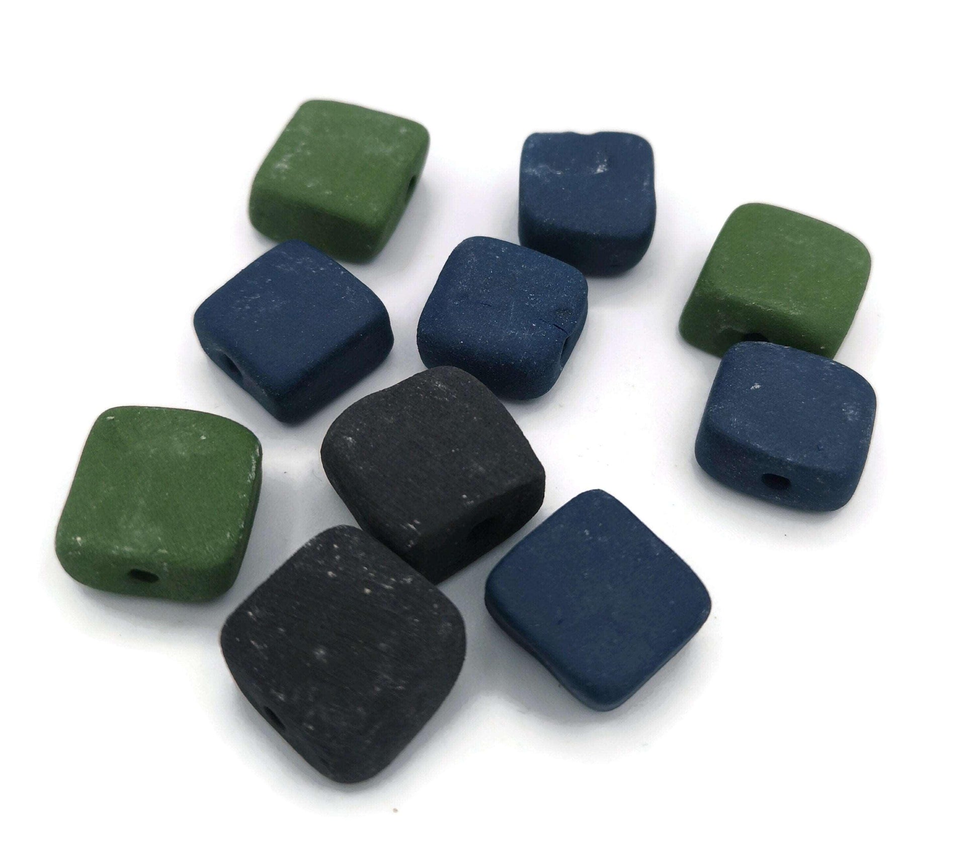 10Pc 15mm Ceramic Beads For jewelry Making 2mm Hole, Matte Square Clay Beads, Unique Assorted Beads Set Square Shape, Large Handmade Beads - Ceramica Ana Rafael