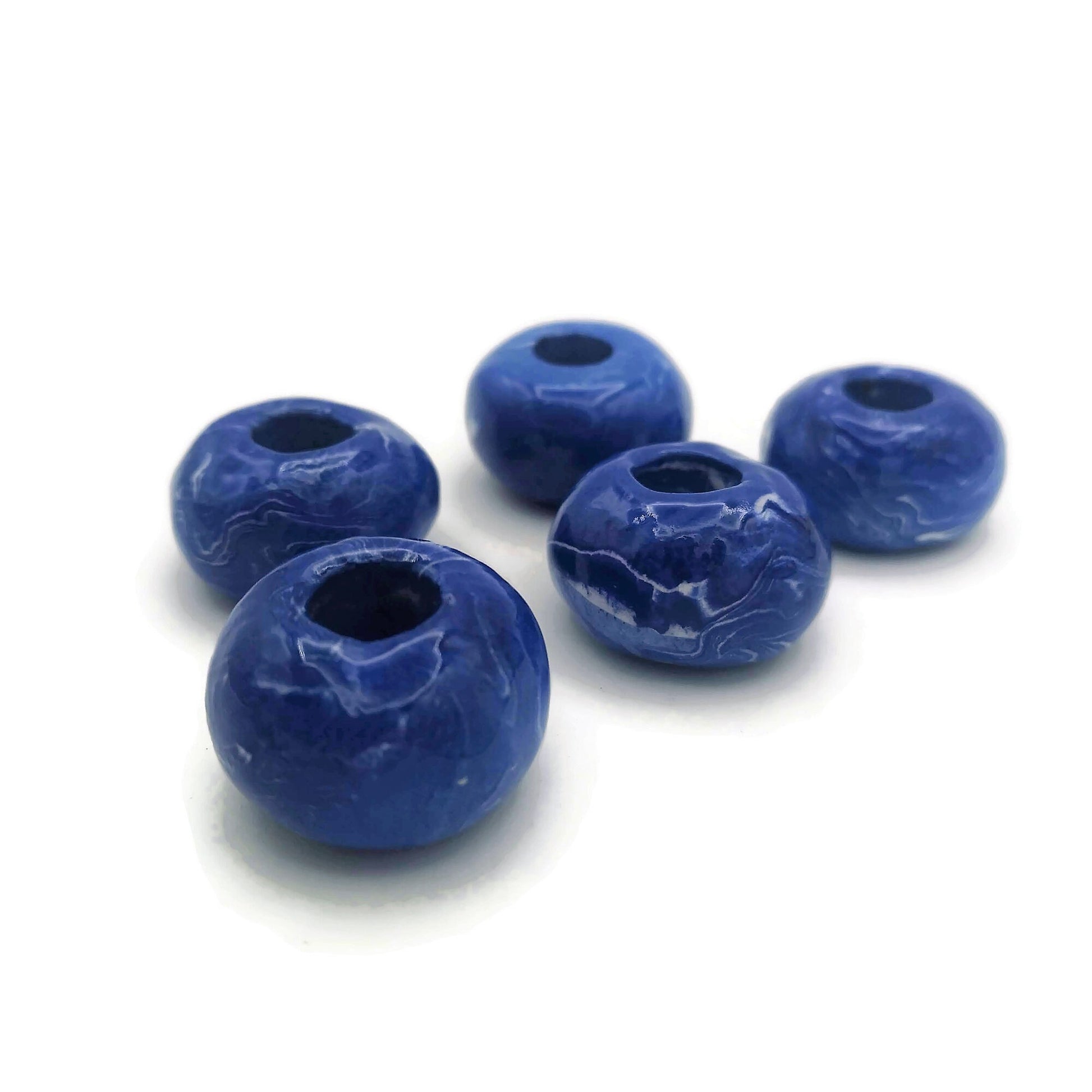 5Pc Large Ceramic Beads For Macrame and Statement Jewelry Making, Marbled White and Blue Clay Beads With Large Holes - Ceramica Ana Rafael