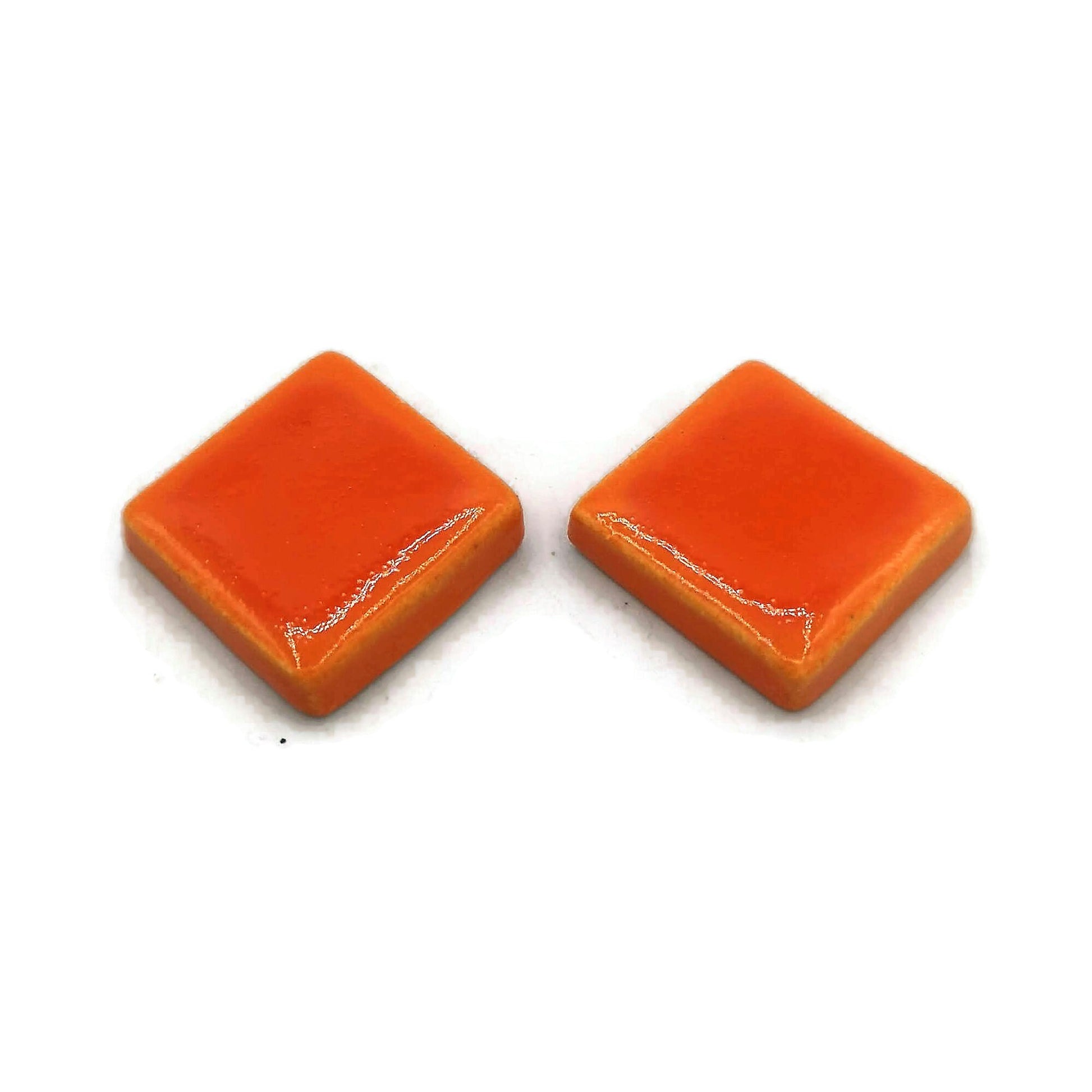 Orange Geometric Clay Stud Earrings For Women, Handmade Jewelry Gifts, Diamond Shape Ceramic Designer Earrings For Her, Best Gift For Her - Ceramica Ana Rafael