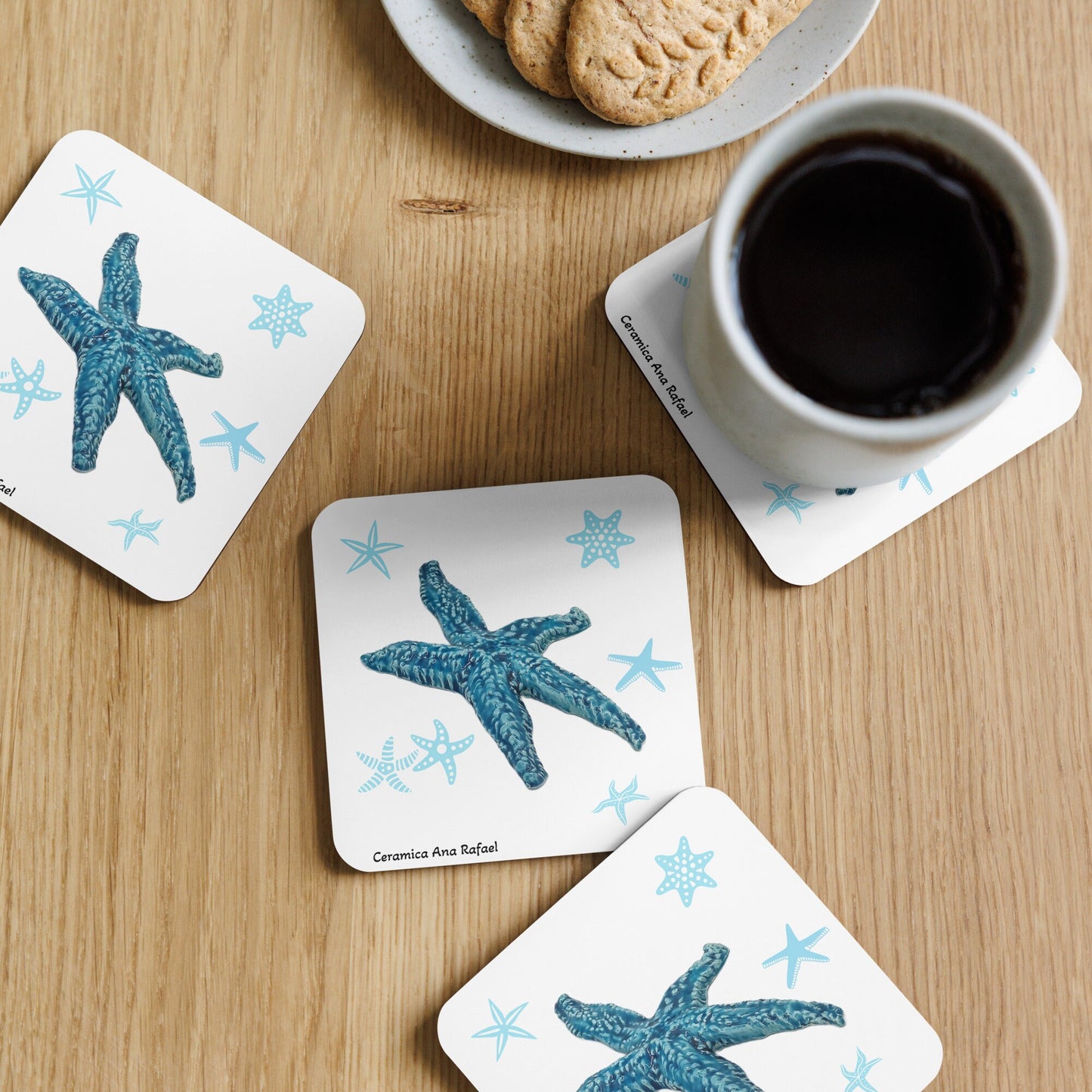 1Pc Blue Starfish MDF Cork-back Coaster With Printed Handmade Ceramic Starfish, Square With Rounded Corners, Office Desk Accessories For Him
