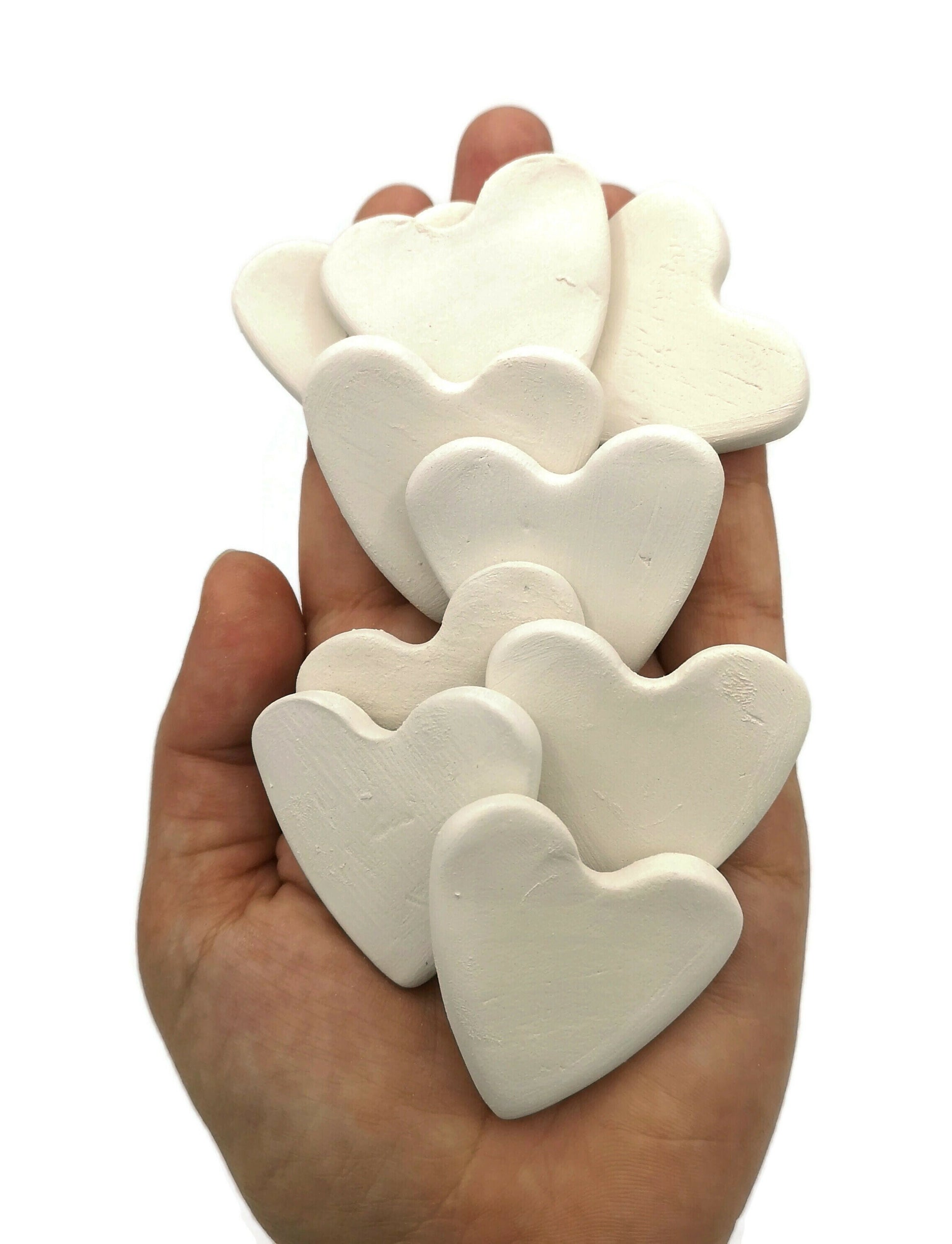 Set Of 9 Handmade Ceramic Bisque Tile Heart Shaped, Wedding Favours mosaic Tiles, Unpainted Tiny Heart Ready To Paint - Ceramica Ana Rafael