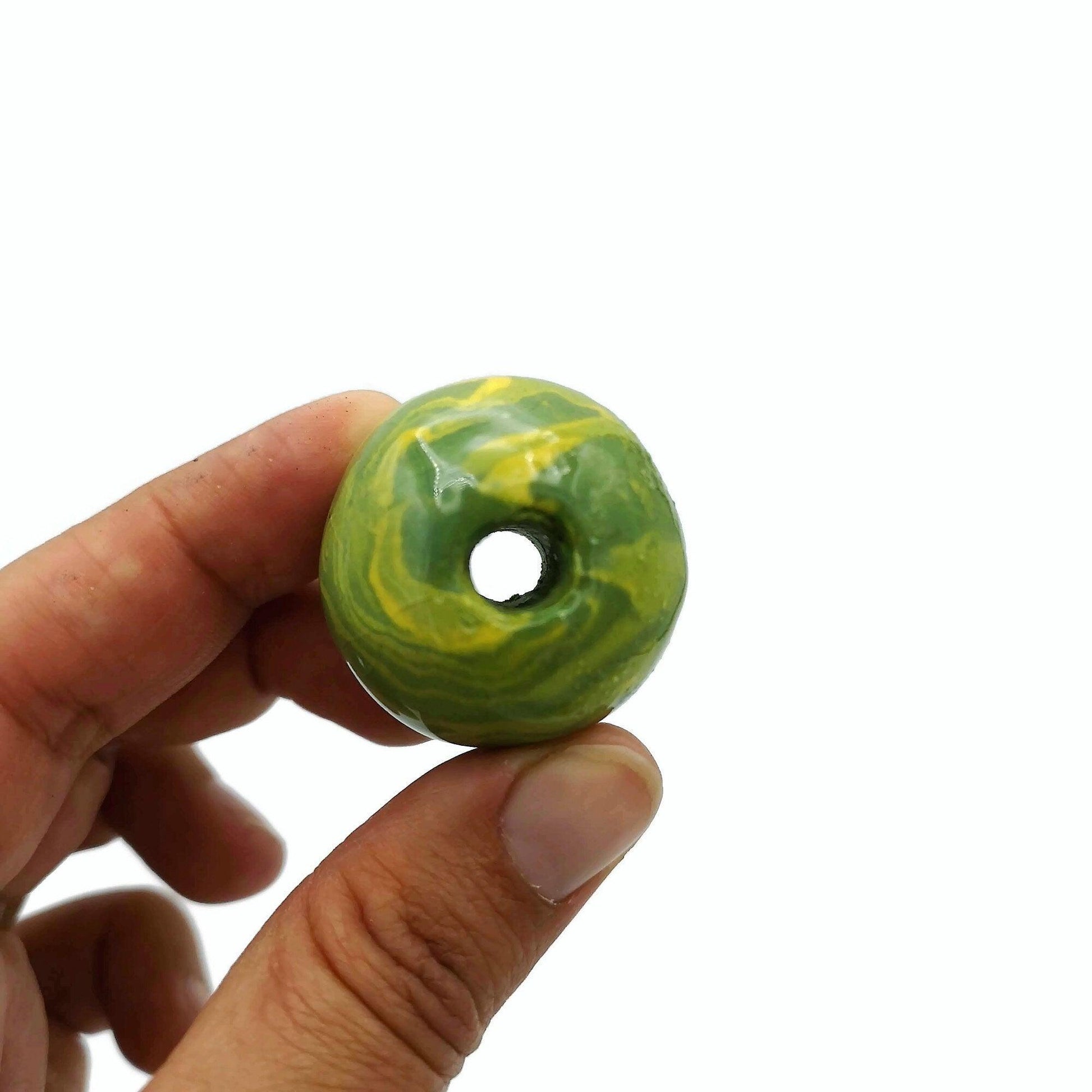1Pc Handmade Ceramic Macrame Beads 7mm Large Hole, Marbled Green And Yellow Clay Beads, Extra Large Beads 30mm - Ceramica Ana Rafael
