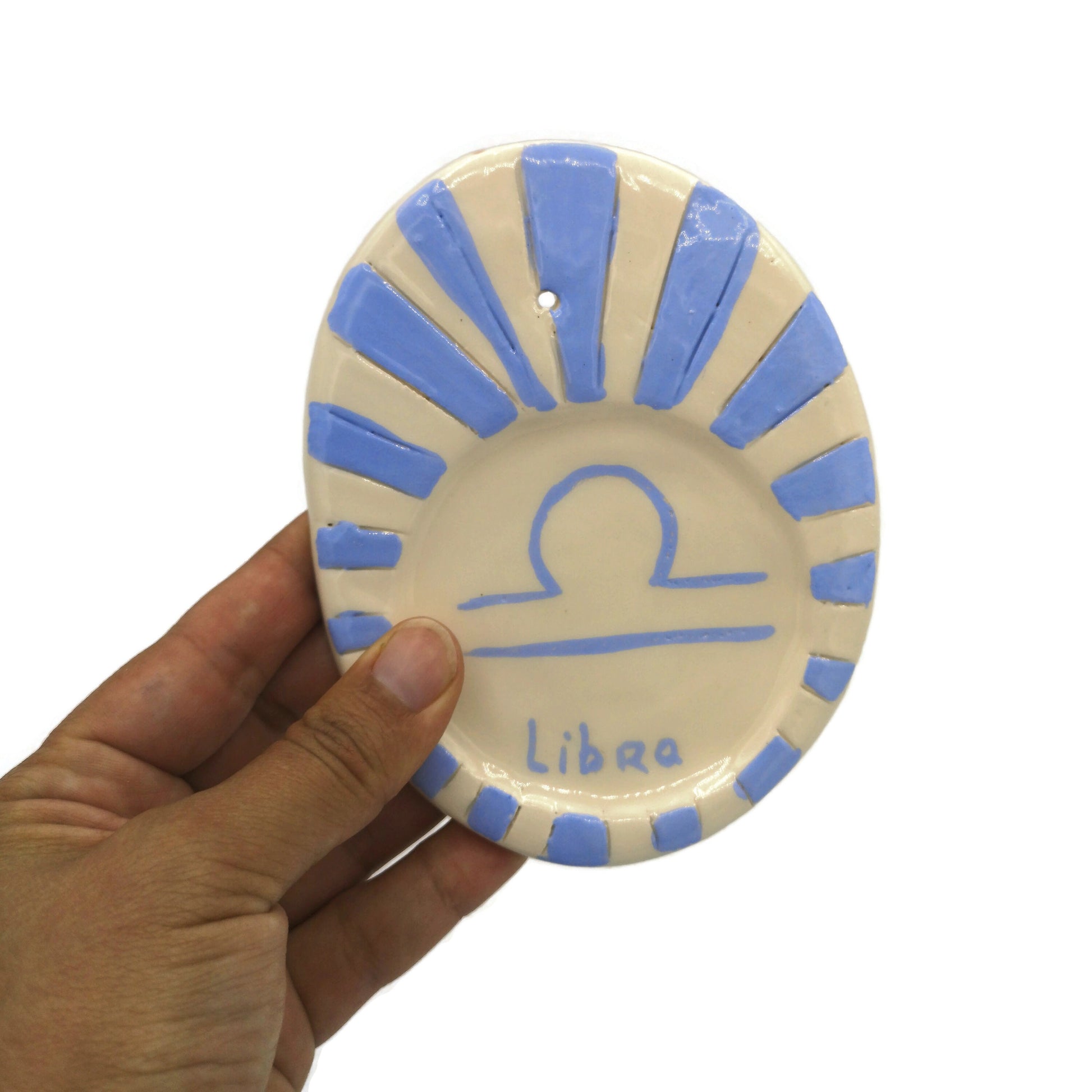 Handmade Ceramic Incense Stick Holder With Zodiac Sign, Hand Painted Blue And White Libra Incense Cone Burner, 9th Anniversary Gift Idea - Ceramica Ana Rafael