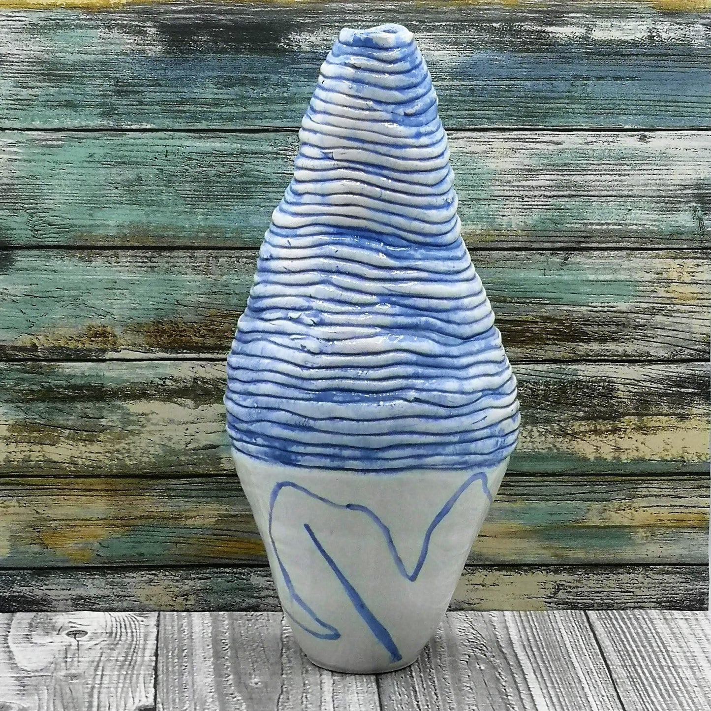 Sculptural Textured Blue Handmade Ceramic Vase, Unique Tall Vase With Organic Shape, Wedding Gift For Couple, New Home Gift - Ceramica Ana Rafael