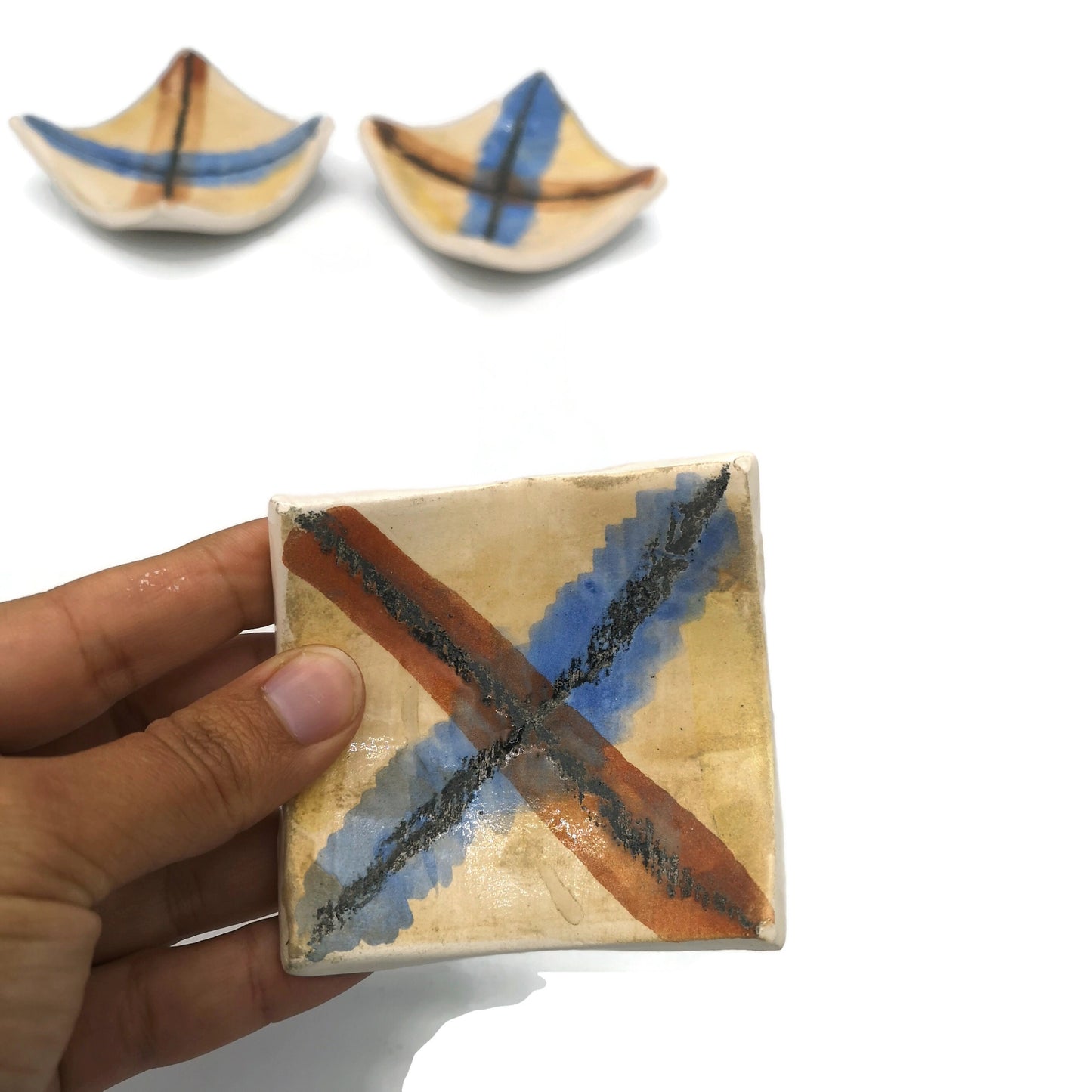 Handmade Ceramic Ring Holder Dish, Set Of 3 Small Square Shape Trinket Dishes For Guest Wedding Favors - Ceramica Ana Rafael