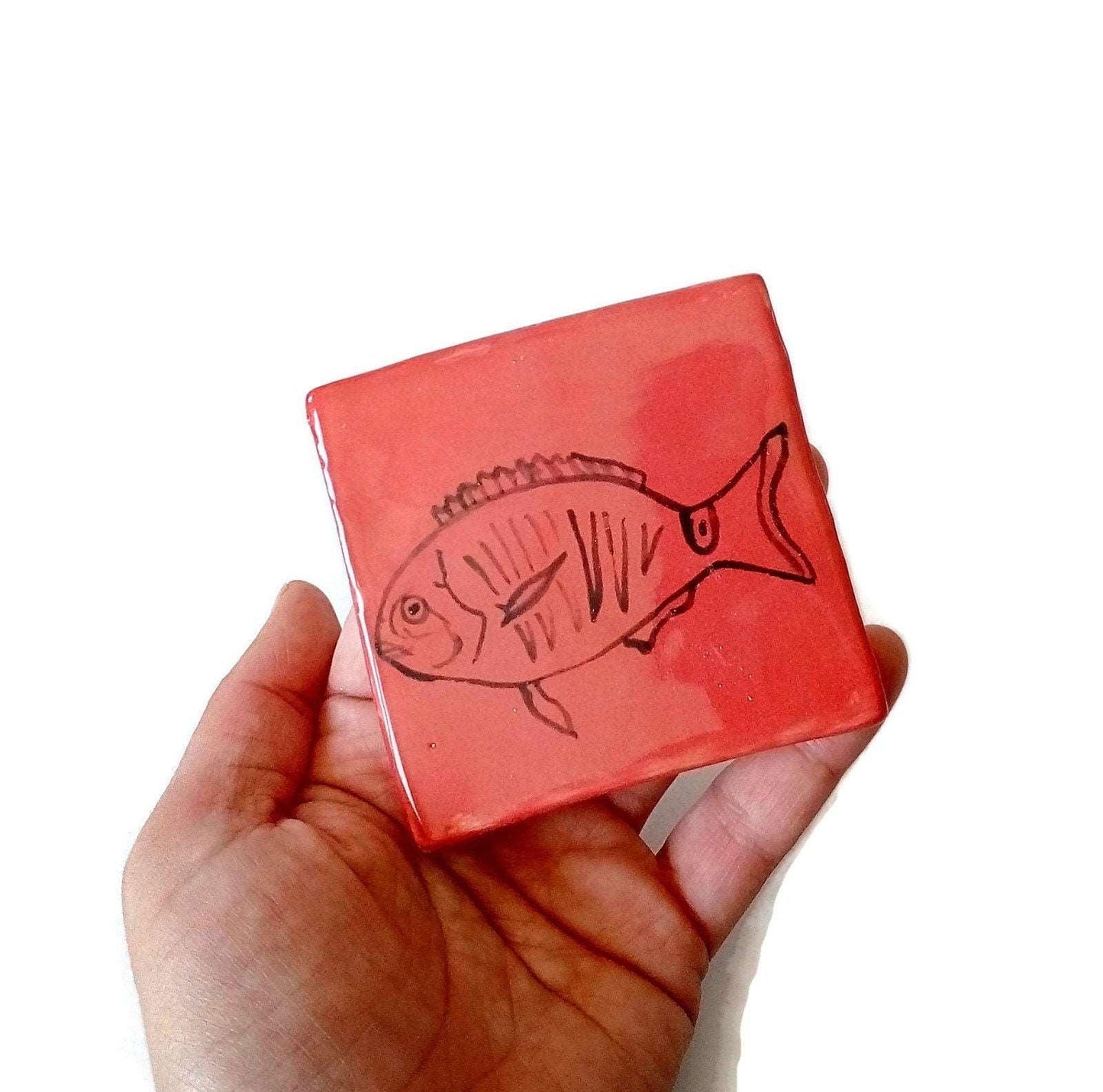 1Pc Hand Painted Tiles, Square Mosaic Tiles, Ceramic Fish Tiles, Mediterranean Best Gifts For Him, Best Seller Wall Tiles