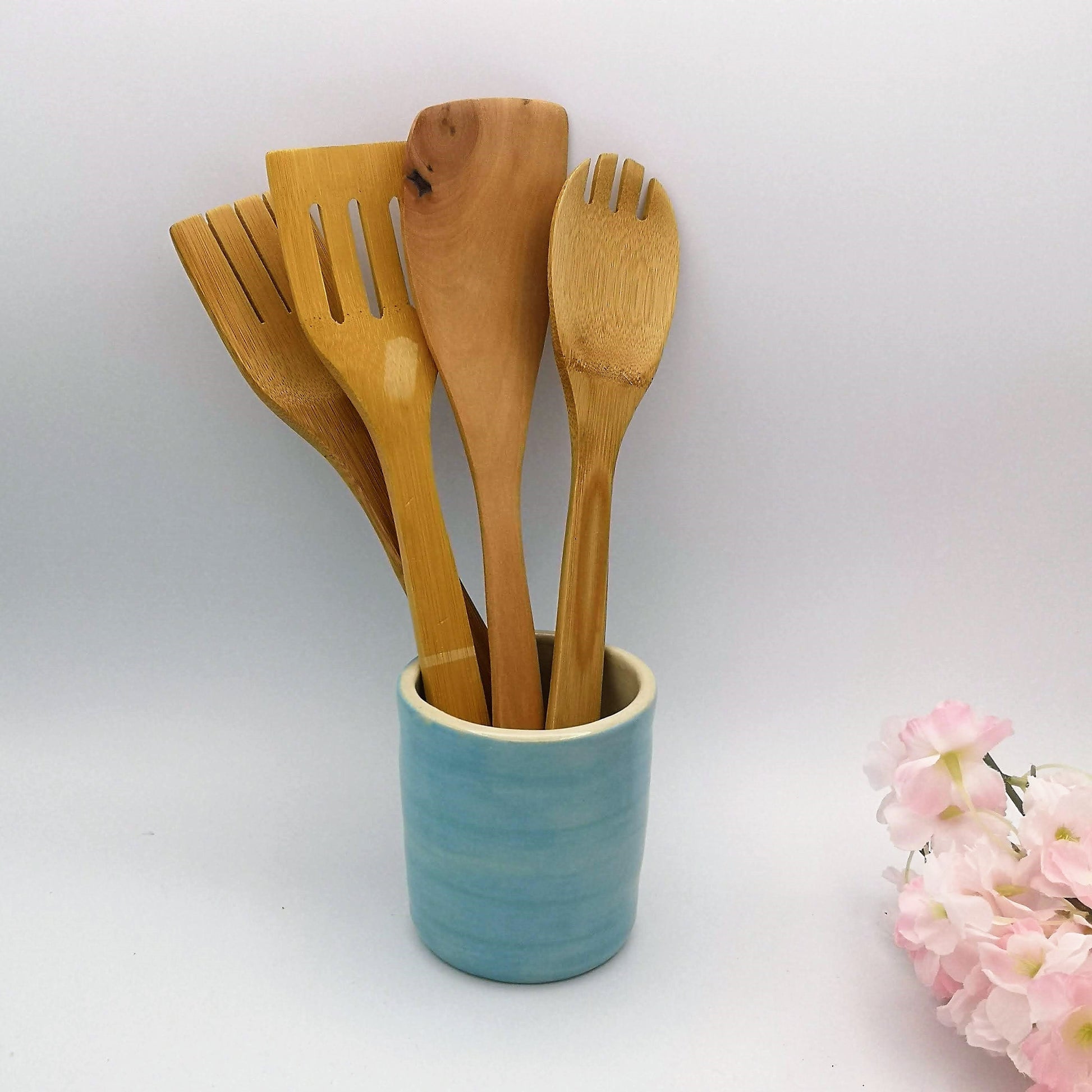 Handmade Ceramic Utensil Holder, Turquoise Kitchen Utensil Organizer, Unique Wedding Gift For Couple, Housewarming Gift New Home - Ceramica Ana Rafael