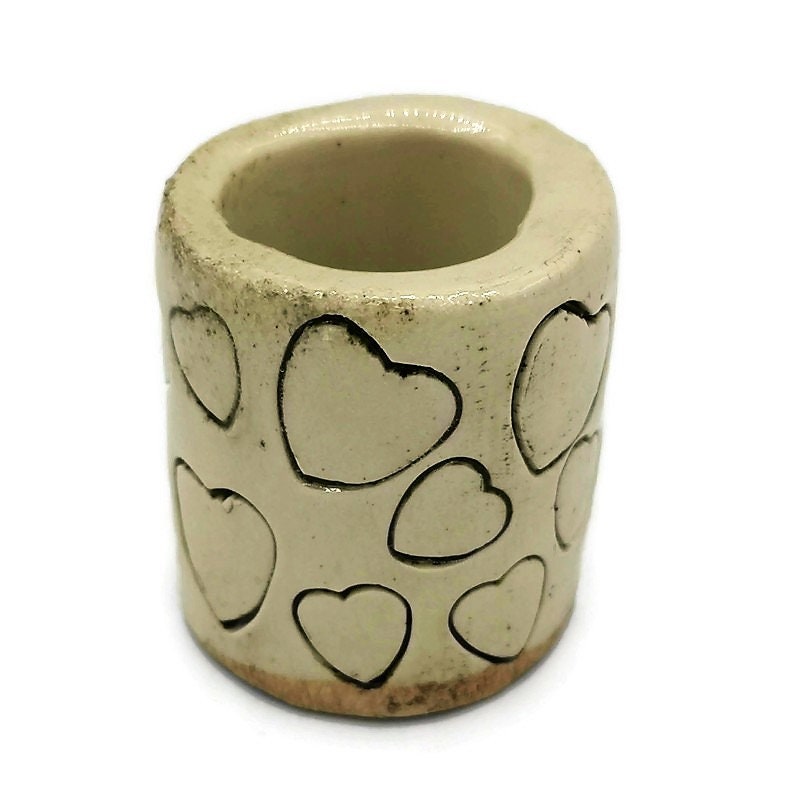 CERAMIC TUBE BEADS For Macrame, 1Pc 35mm Long Large Hole Beads With Heart Design For Valentines Day Decor - Ceramica Ana Rafael