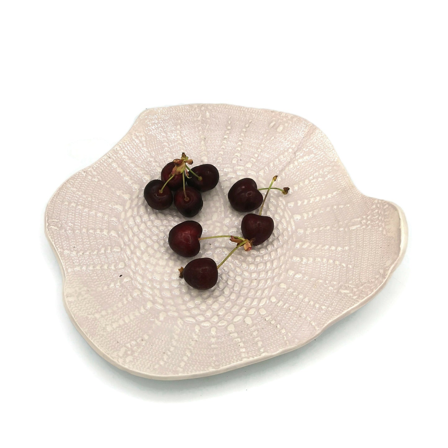 Handmade Ceramic Plate For Wall Decor With Decorative Vintage Lace Texture, Soft Pink Pottery Plate for Display With Organic Shape - Ceramica Ana Rafael