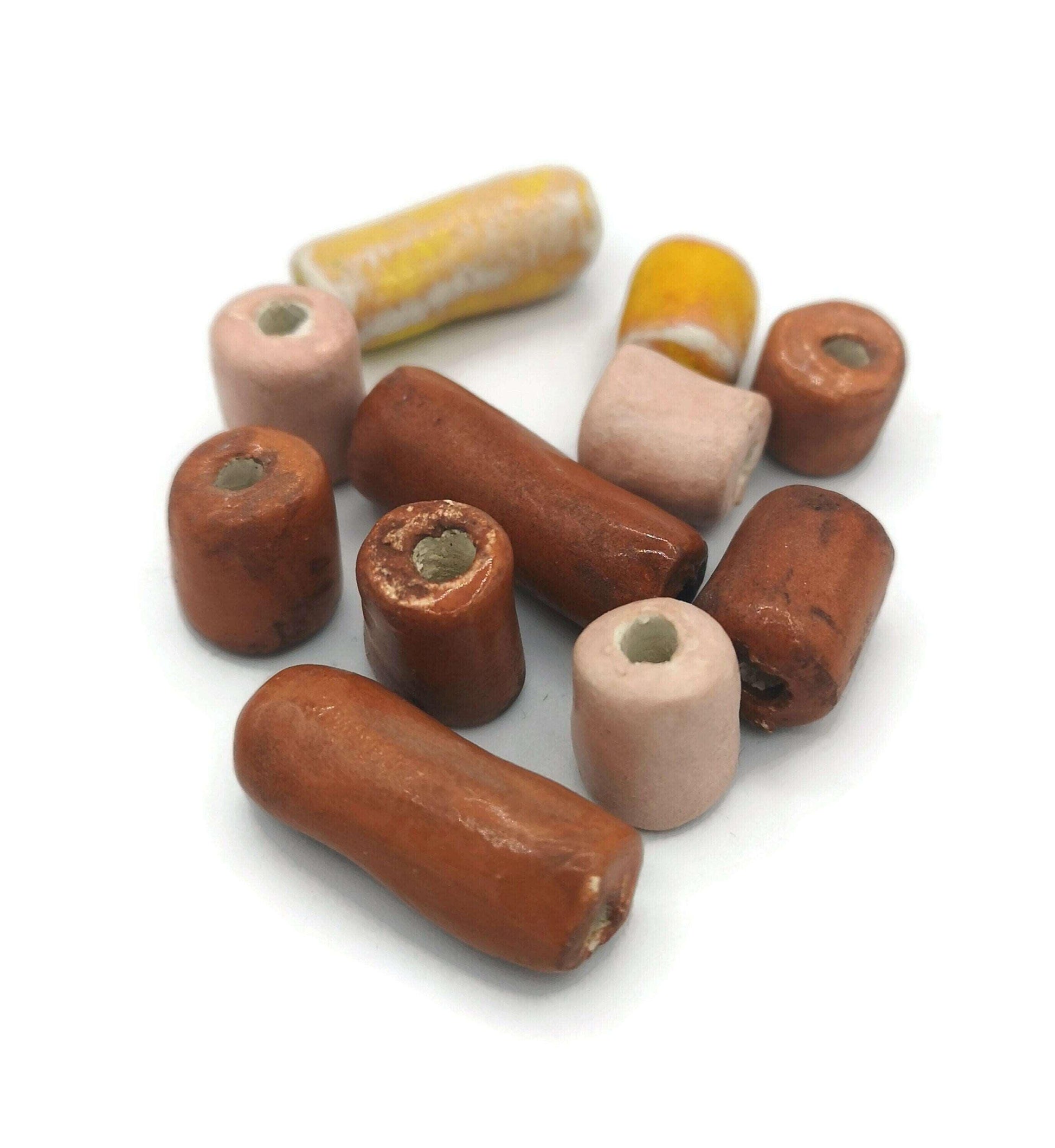 11Pc 12 to 25mm Long Handmade Ceramic Skinny Tube Beads, Mixed Jewelry Making Unique Clay Beads For Crafts, Artisan Macrame Beads Large Hole