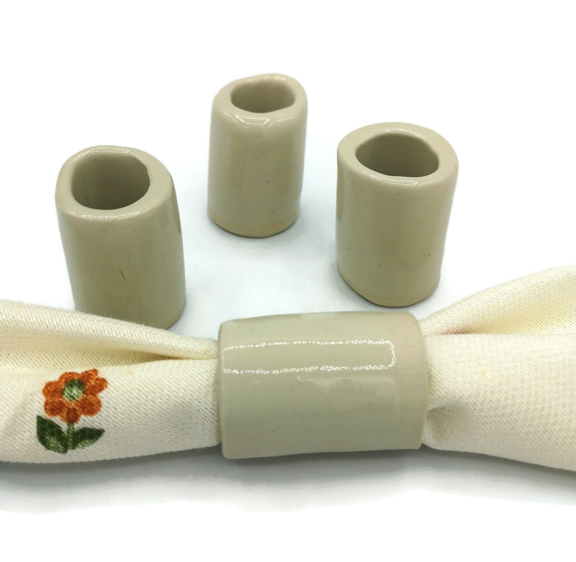 Beige Stoneware Handmade Napkin Rings Set Of 4 Napkin Holder, Host Gift, Best Housewarming Gift First Home For Women, Artisan Ceramic Tubes - Ceramica Ana Rafael