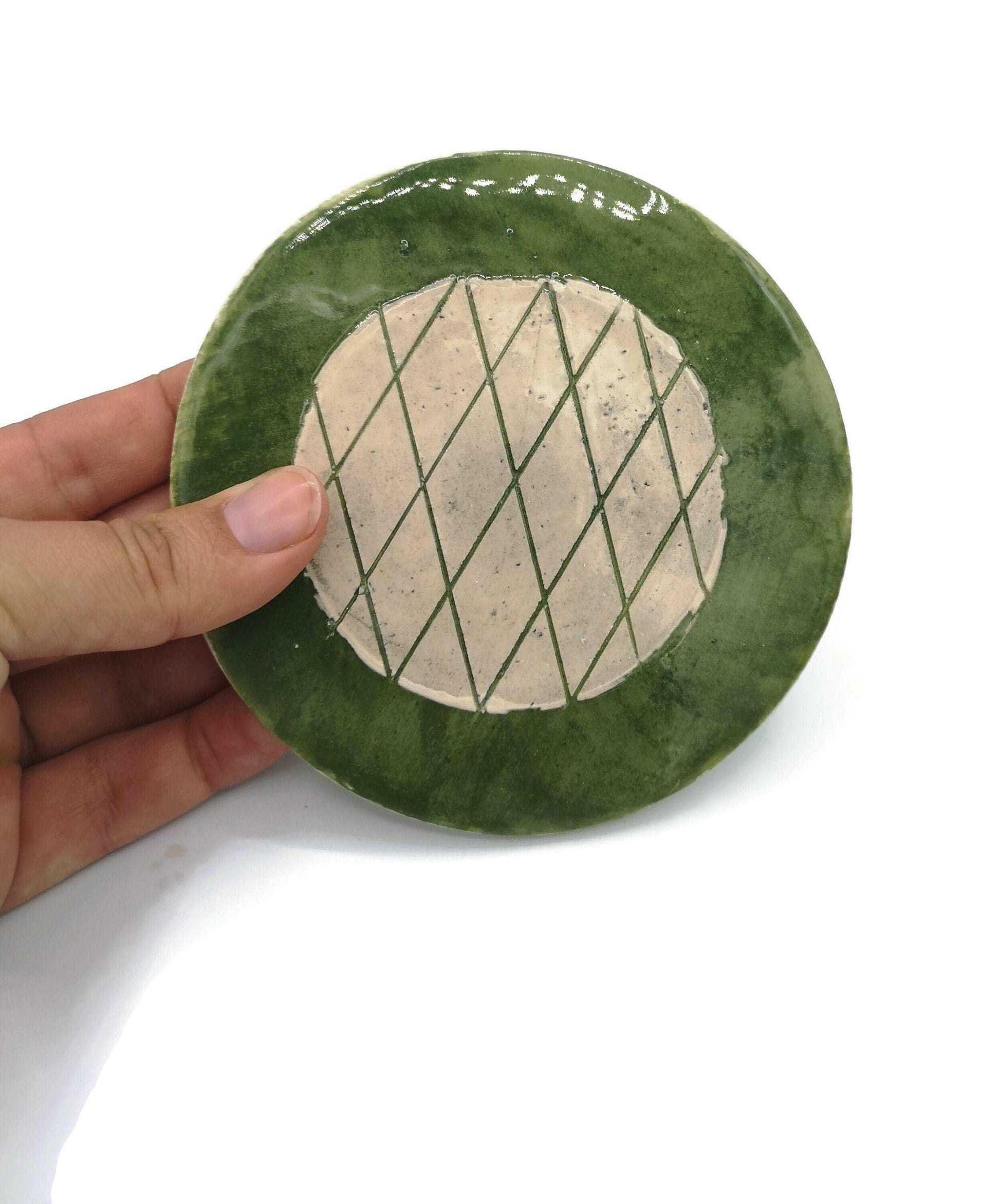 1Pc Handmade Ceramic Geometric Coaster For Drinks, Housewarming Gift First Home, Green Coasters Best Office Desk Accessories Gifts For Him