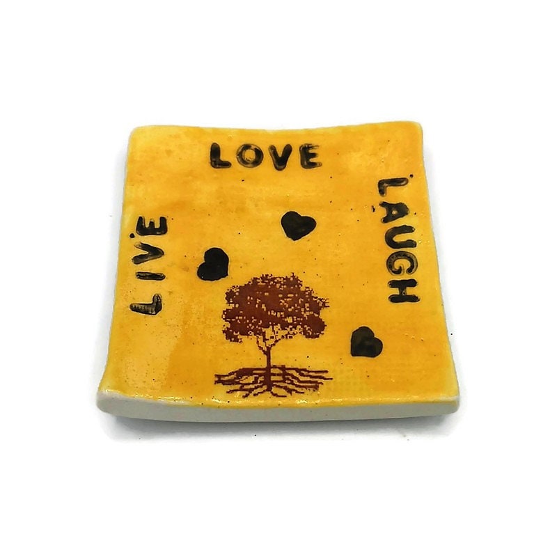 Ring Holder, Aesthetic Ring Tray, Live Laugh Love Ceramic Ring Dish, Small Square Shape Tree Of Life Trinket Dishes For Galentines Day Gifts - Ceramica Ana Rafael