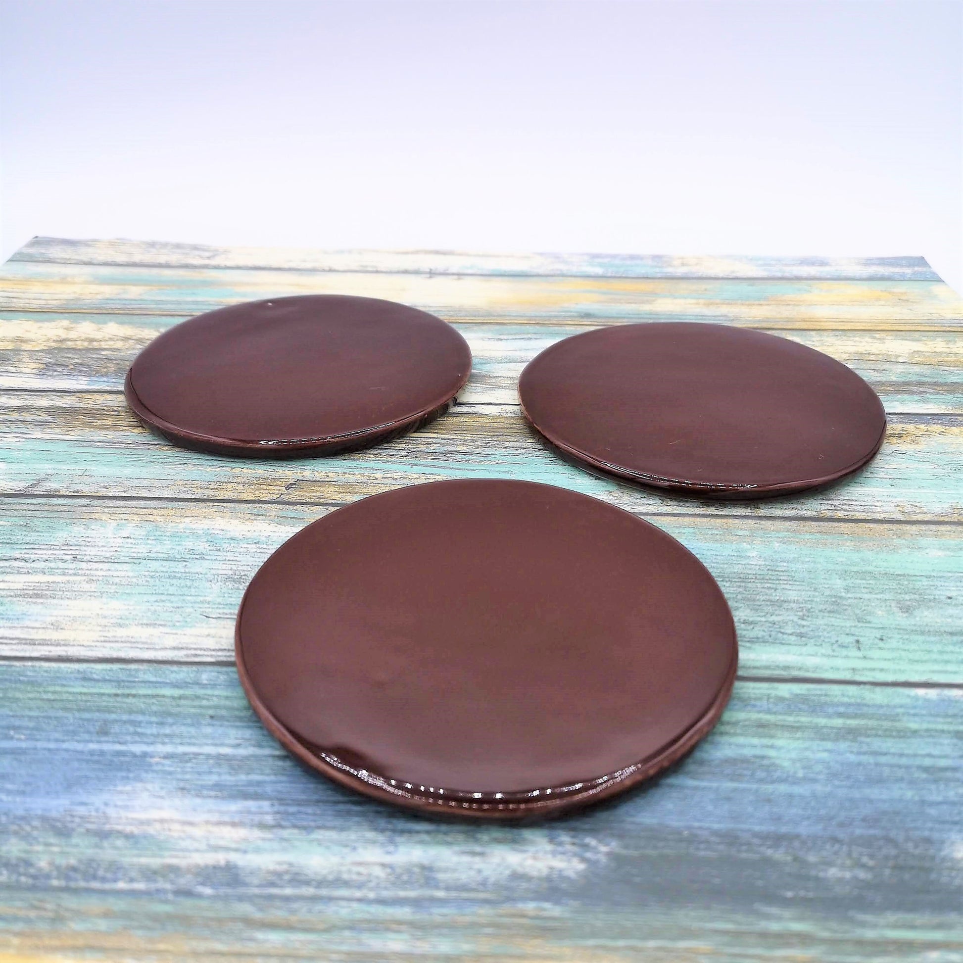 CERAMIC OFFICE COASTERS, Round Shaped Brown Handmade Cup Coasters For Men - Ceramica Ana Rafael