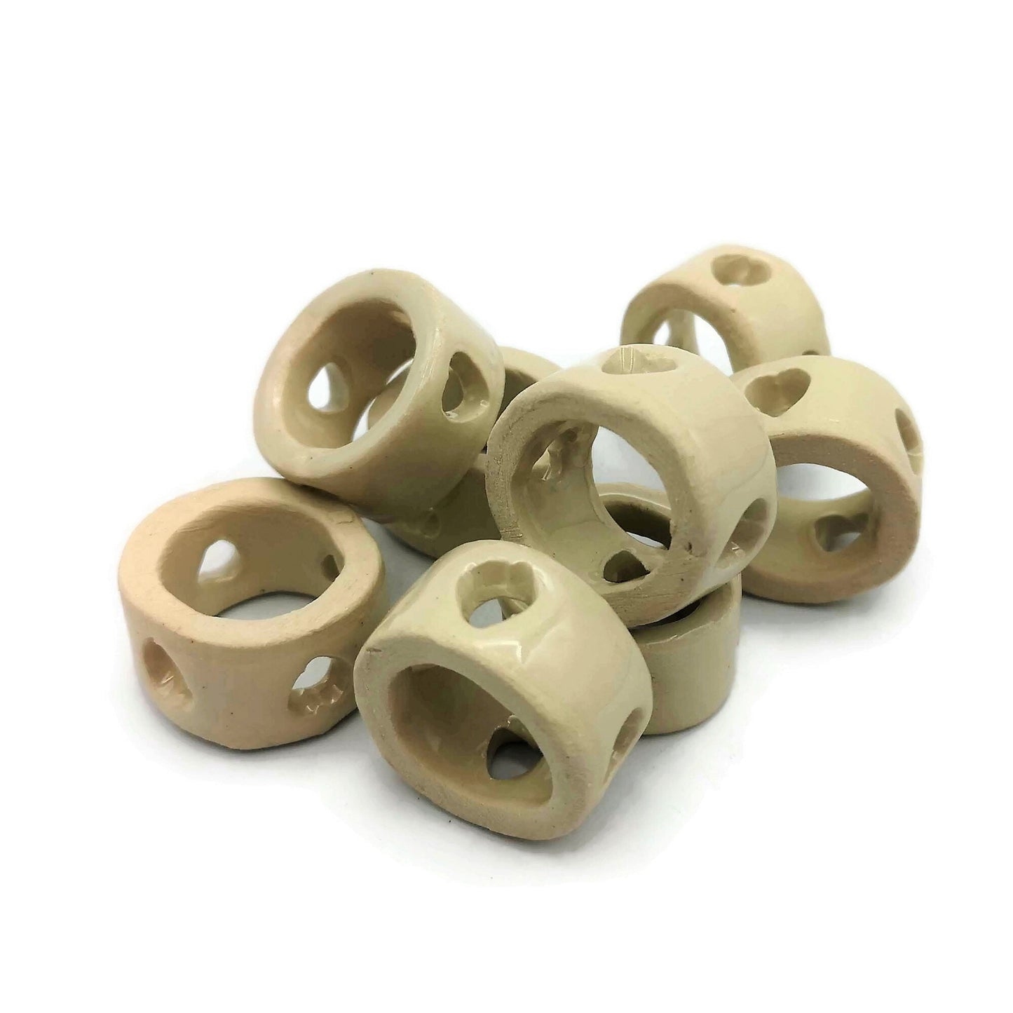 8Pc Extra Large Tube Beads, Handmade Ceramic Macrame Beads With Decorative Heart Shaped Holes - Ceramica Ana Rafael