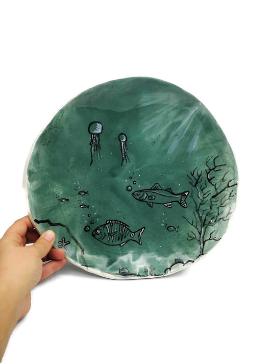 Large Handmade Ceramic Plate, Ocean Home Decor For Wall Display, Green Portuguese Pottery Unique Dinner Plates, Serving Cake Platter - Ceramica Ana Rafael