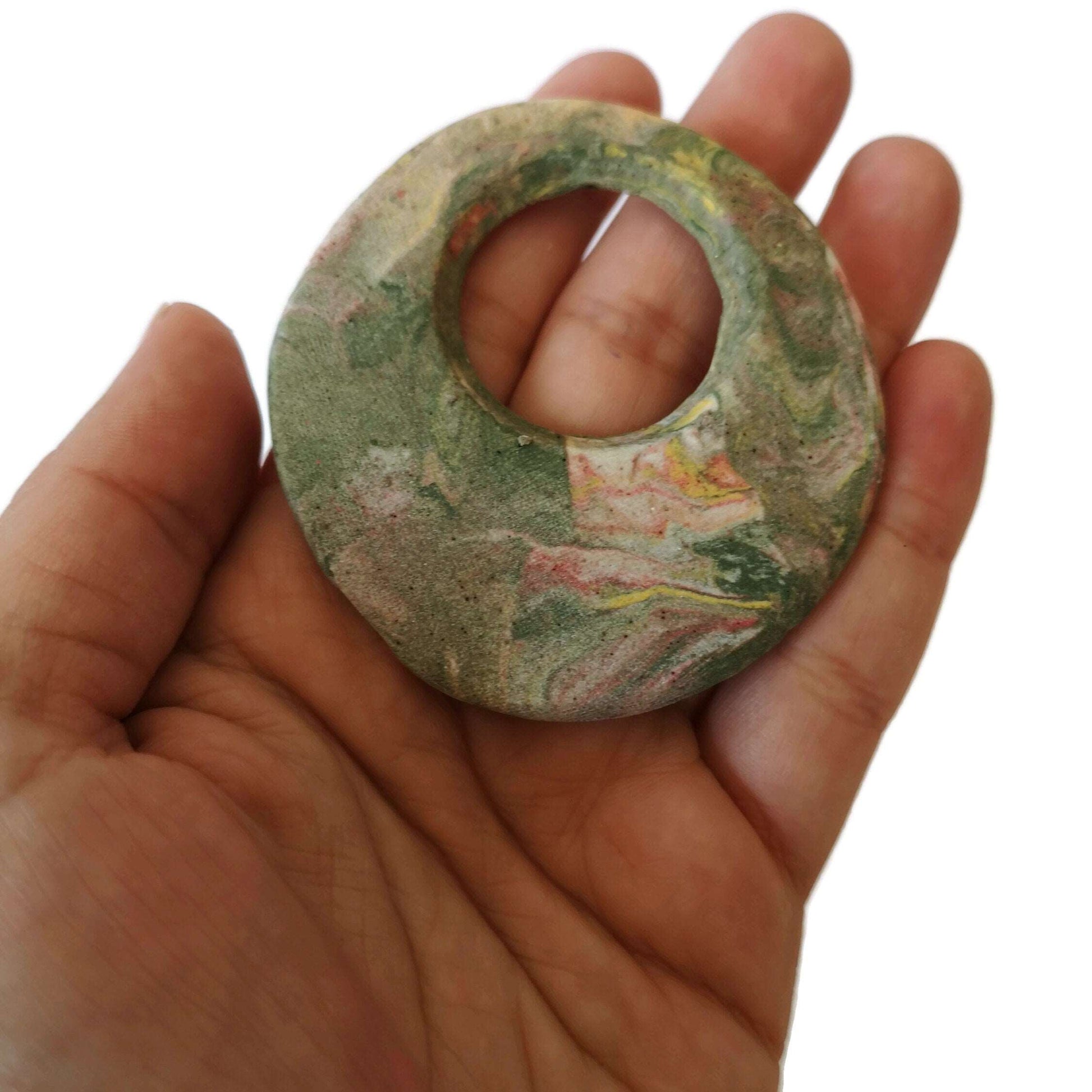 1Pc 60mm Matte Green Handmade Ceramic Extra Large Necklace Pendant For Jewelry Making, Round Jumbo Statemant Jewelry Parts, Cute Clay Charm