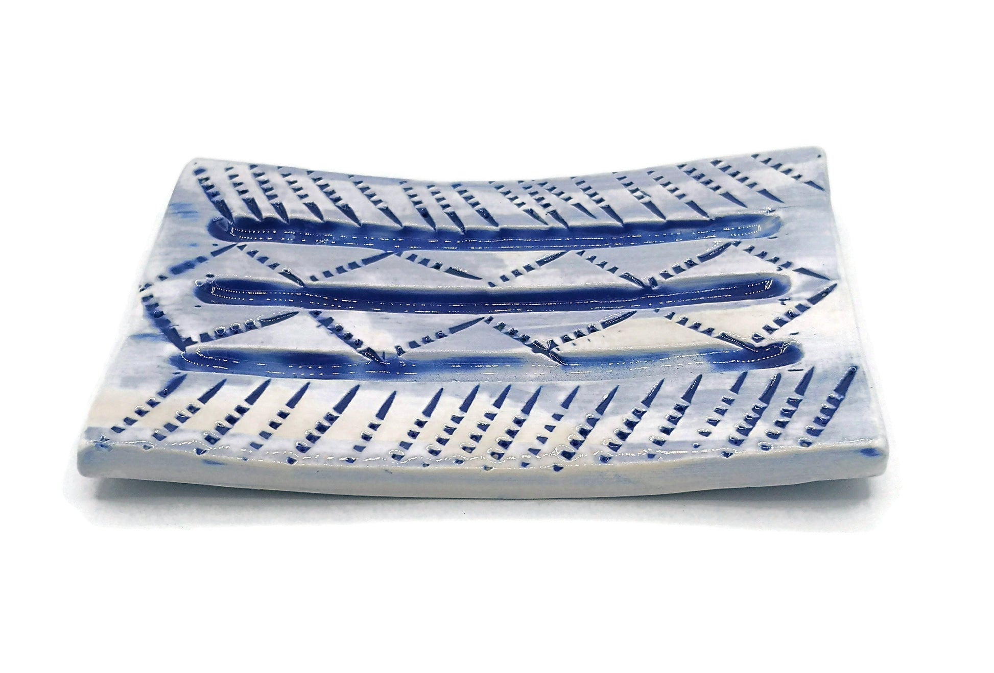 Blue Handmade Ceramic Soap Dish for Shower, Rectangular Sponge Holder, Eco Friendly Shampoo Bar Holder, Sustainable Best Gift For Him - Ceramica Ana Rafael