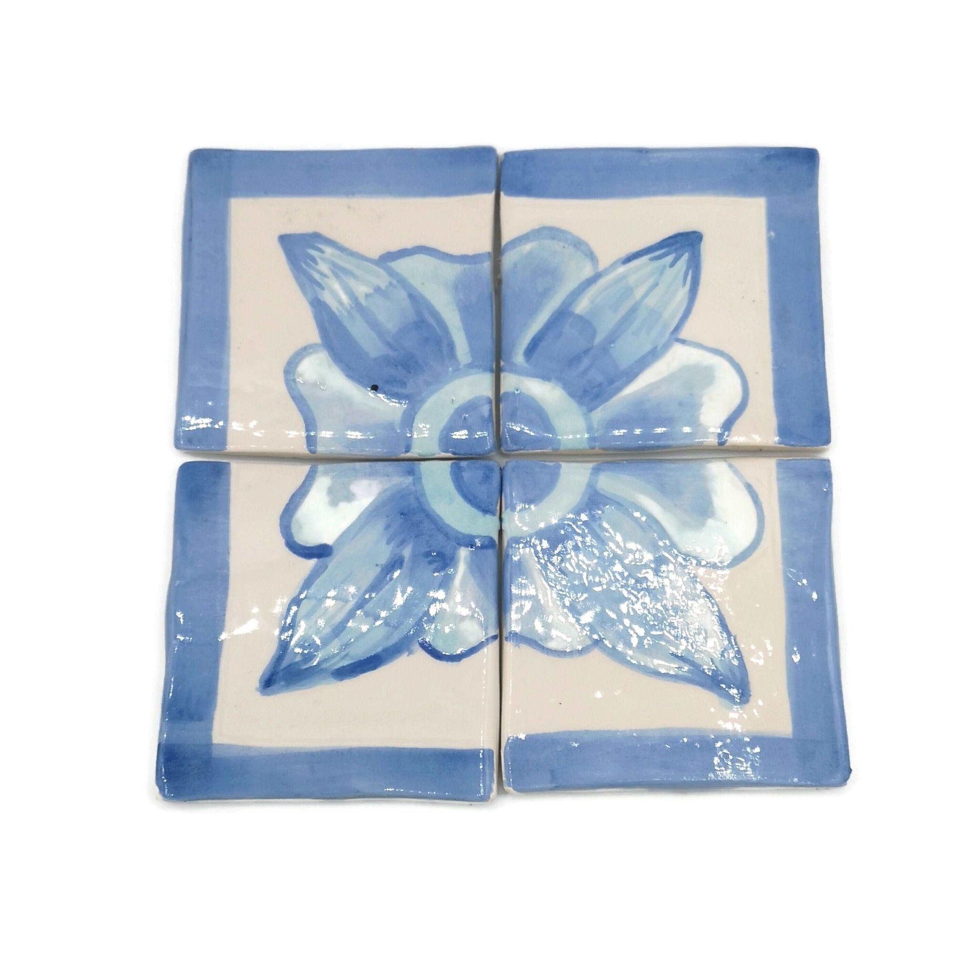 15cm/5.9in Handmade Ceramic Blue And White Tile Panel With Hand Painted Floral Motif, Square Mosaic Panel Kitchen Backsplash Portuguese Tile