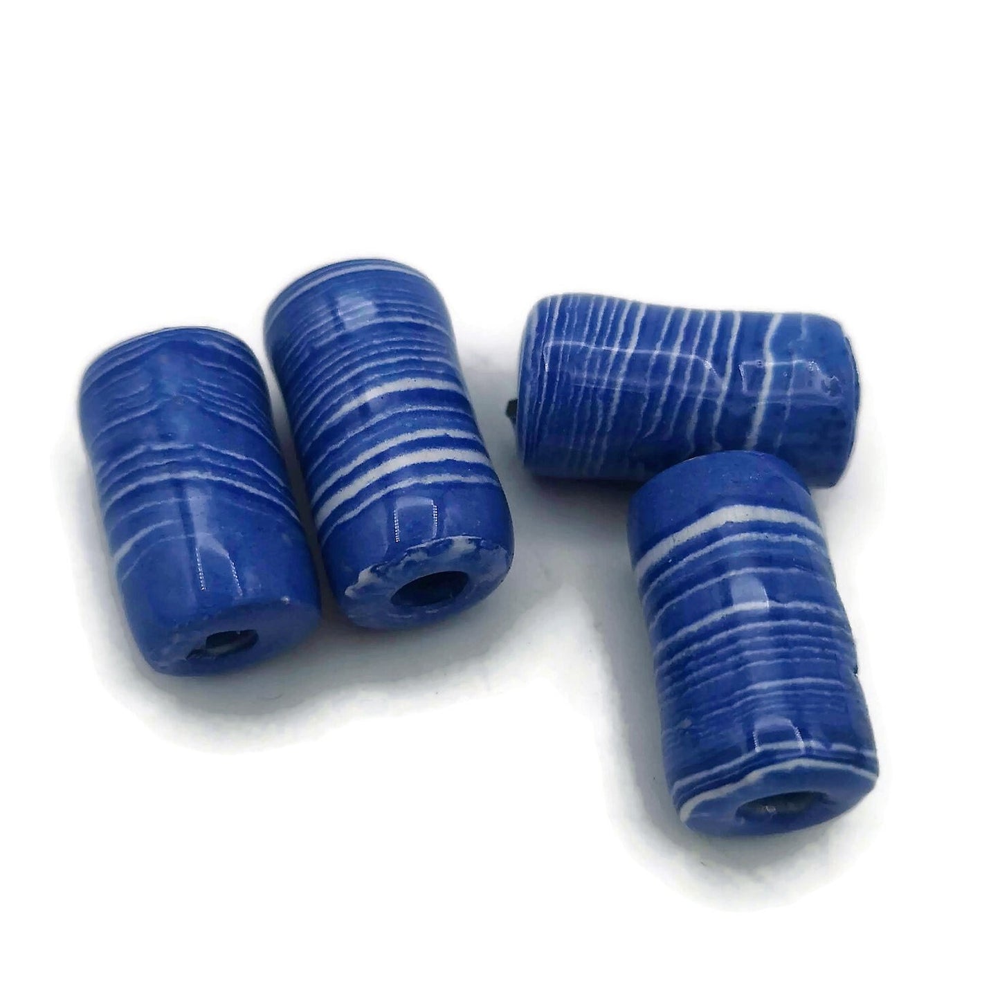4 Pc Large Ceramic Tube Beads for Macrame Jewelry Making, Artisan Blue Beads 4mm Hole, Beard Beads for Hair Braid - Ceramica Ana Rafael