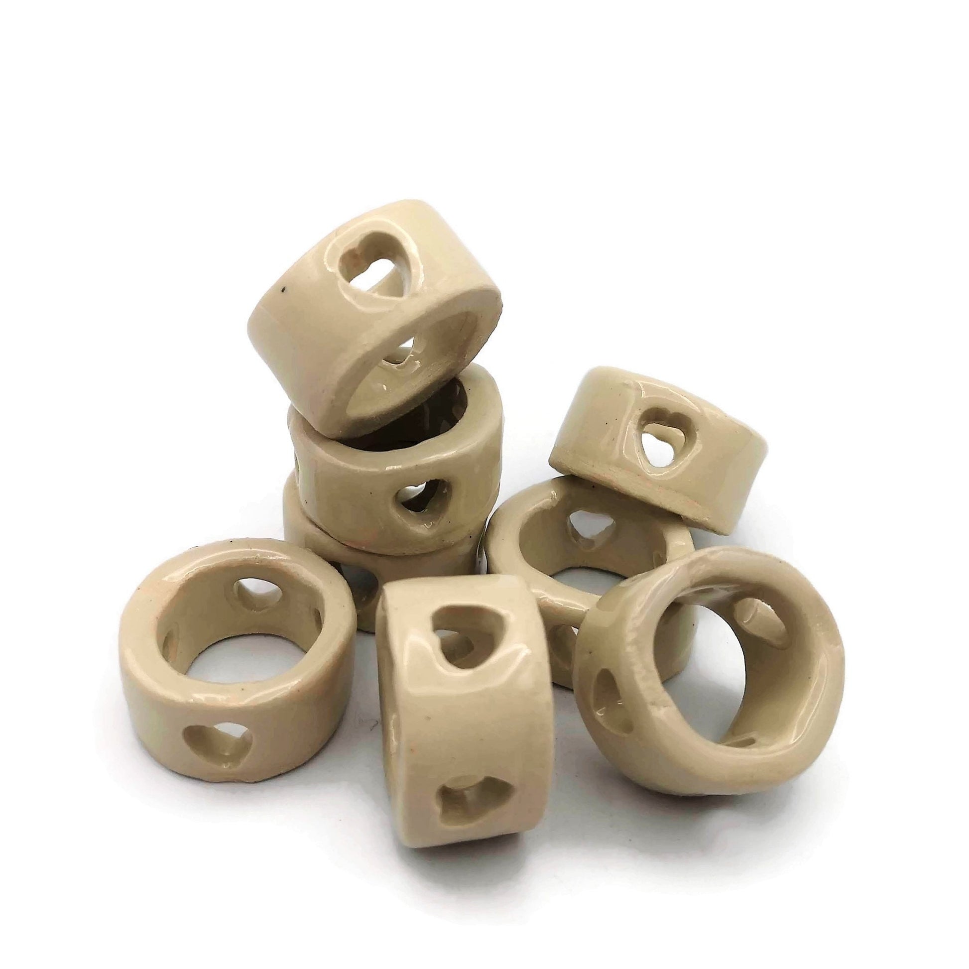 8Pc Extra Large Tube Beads, Handmade Ceramic Macrame Beads With Decorative Heart Shaped Holes - Ceramica Ana Rafael