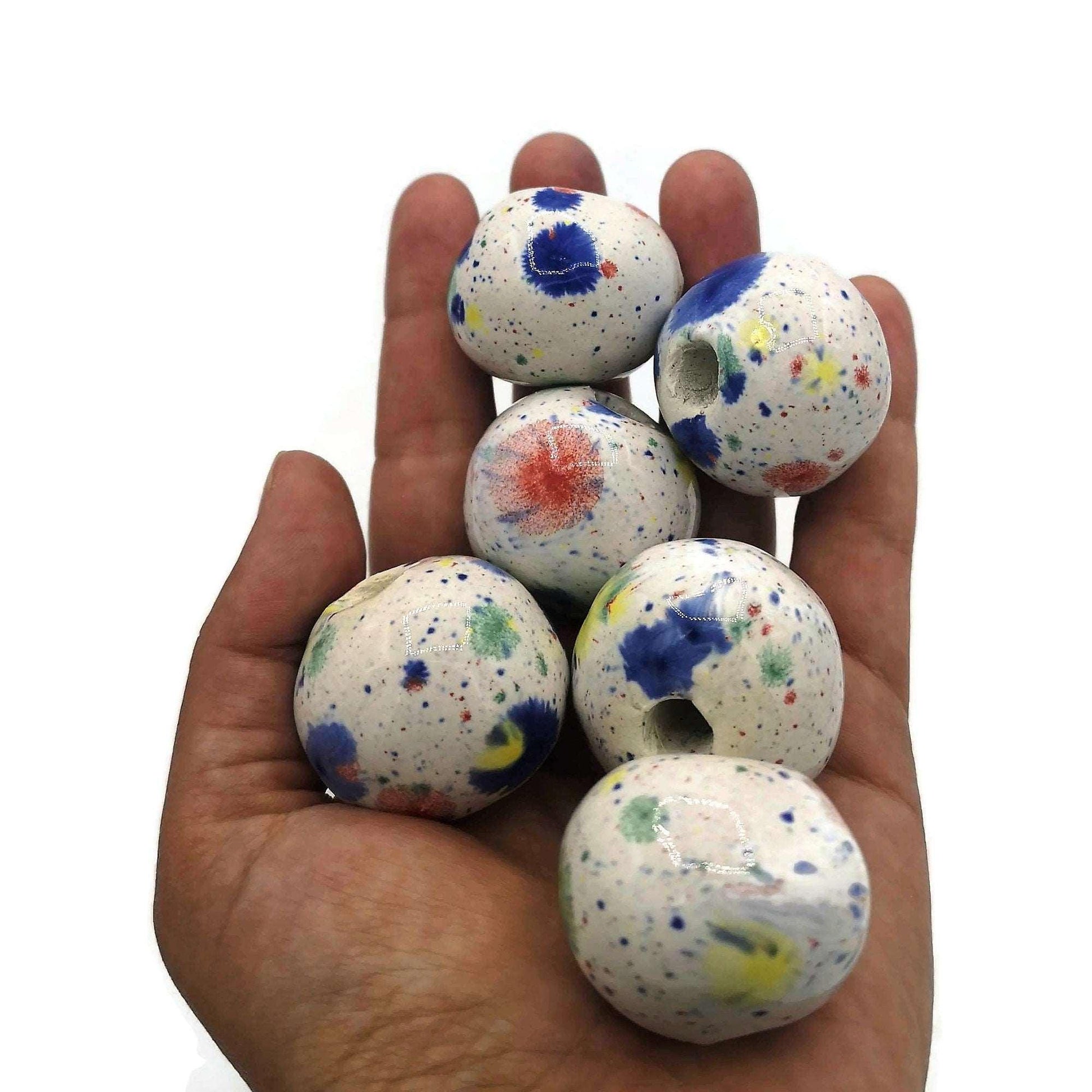 1Pc Blue Handmade Ceramic Macrame Bead Large Hole, Unique Clay Beads For jewelry Making Supplies, Extra Large Focal Point Beads For Crafts