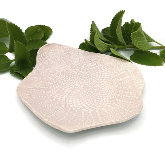 Handmade Ceramic Plate For Wall Decor With Decorative Vintage Lace Texture, Soft Pink Pottery Plate for Display With Organic Shape - Ceramica Ana Rafael