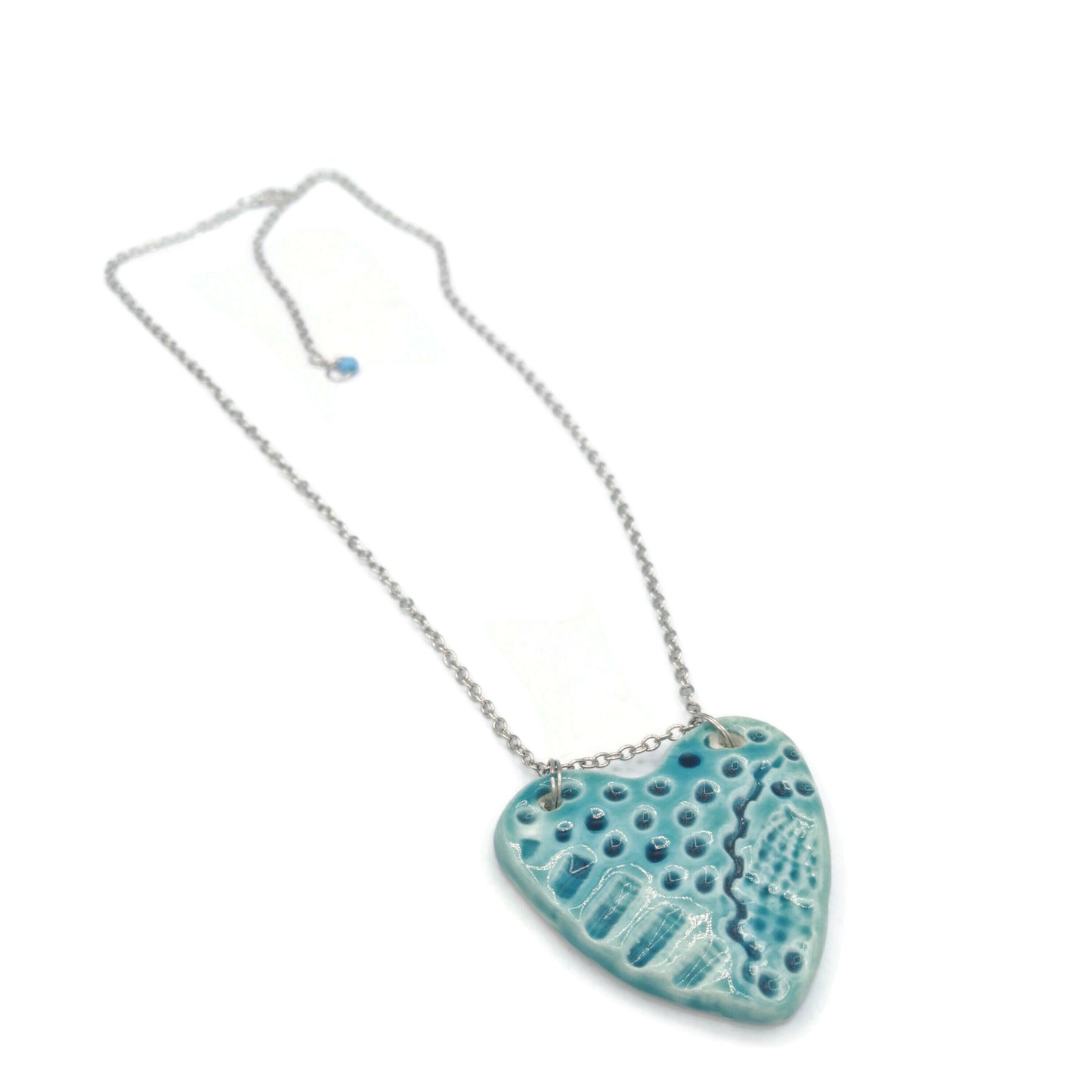 Handmade Ceramic Blue Heart Necklace Pendant For Women, Best Valentines Day Gift For Her, Boho Artisan Statement Jewelry For Wedding - Ceramica Ana Rafael
