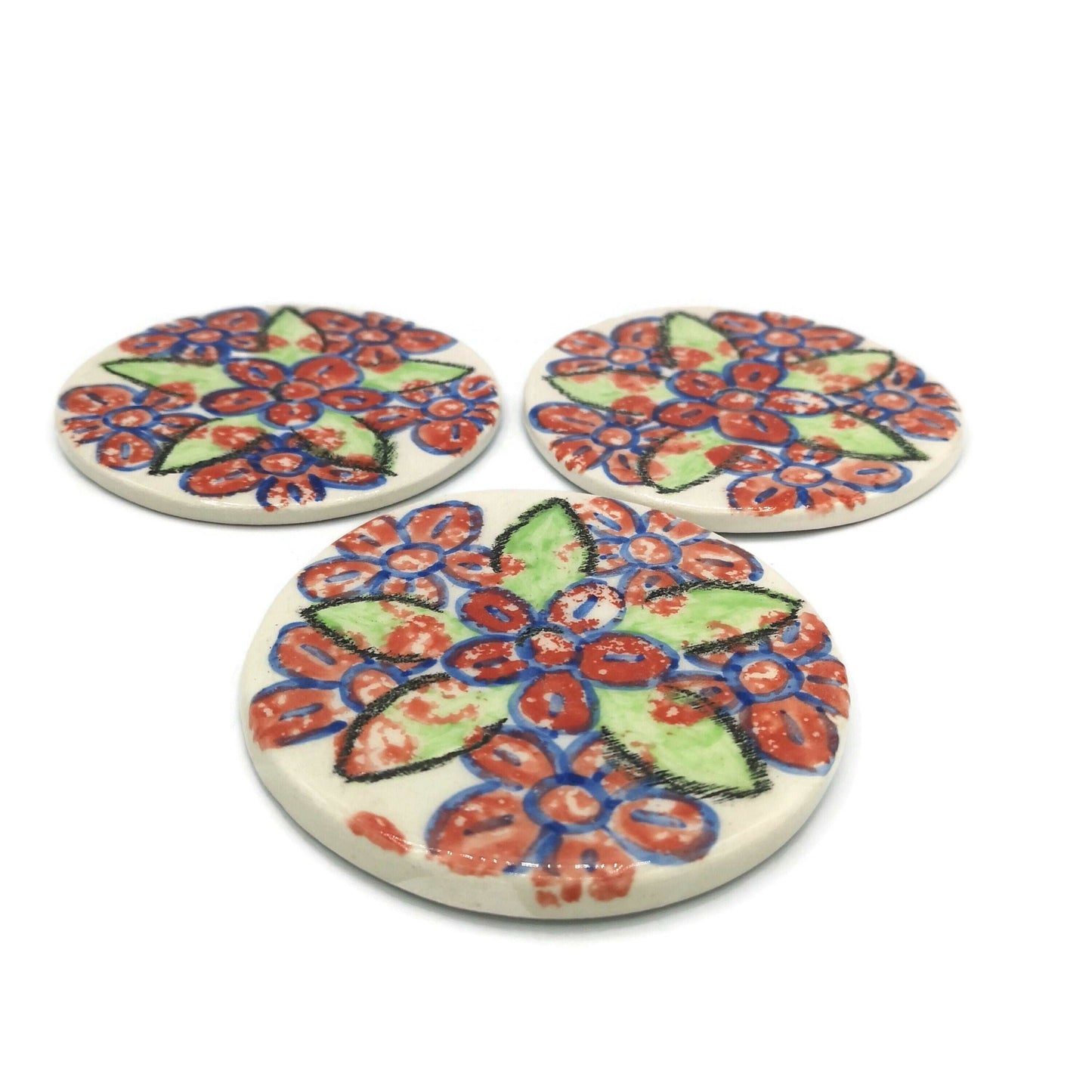 1Pc Handpainted Floral Large Handmade Ceramic Coaster Tile, Office Desk Accessories for Women, Cork Backing Round Artisan Botanical Coaster