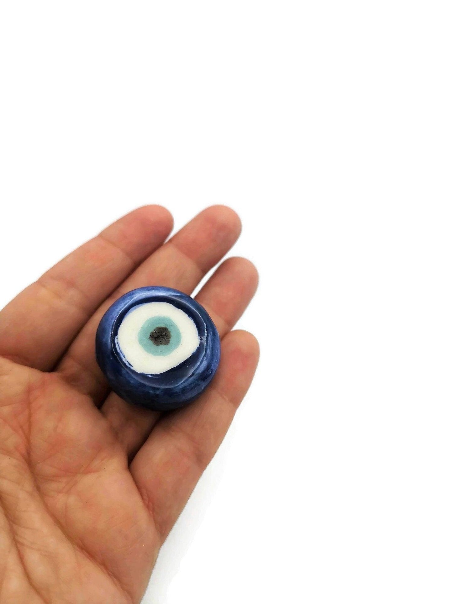 1Pc Blue Evil Eye Beads For Jewelry Making, Handmade Ceramic Macrame Beads, Extra Large Clay Beads, Round Unusual Decorative Porcelain Beads - Ceramica Ana Rafael