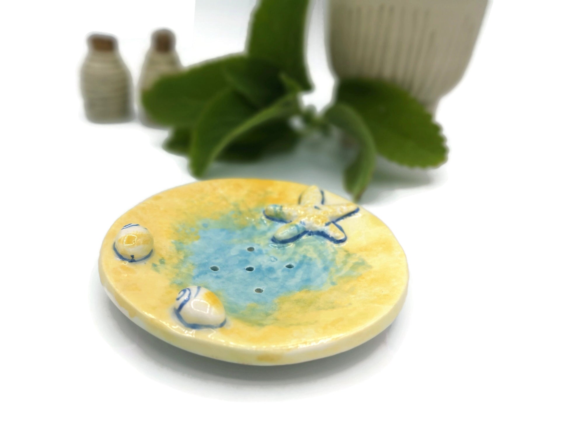 Handmade Ceramic Soap Dish Dispenser For Soap Bar With Drain Holes, Yellow Round Beach Themed Starfish Eco Friendly Bathroom Accessories - Ceramica Ana Rafael
