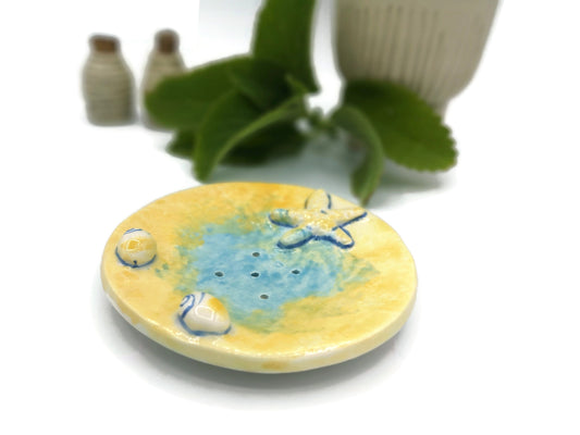 Handmade Ceramic Soap Dish Dispenser For Soap Bar With Drain Holes, Yellow Round Beach Themed Starfish Eco Friendly Bathroom Accessories - Ceramica Ana Rafael