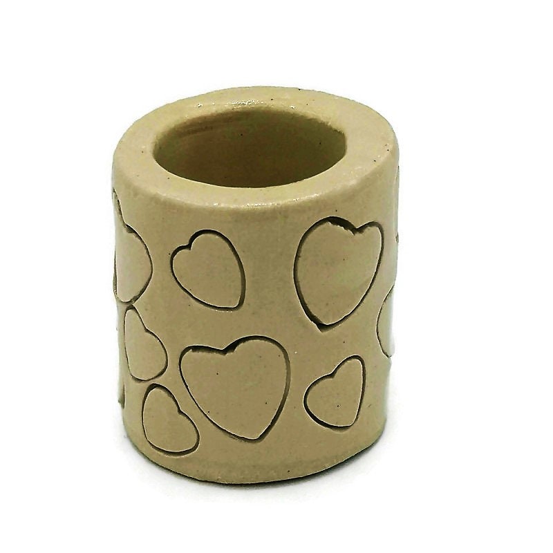 CERAMIC TUBE BEADS For Macrame, 1Pc 35mm Long Large Hole Beads With Heart Design For Valentines Day Decor - Ceramica Ana Rafael