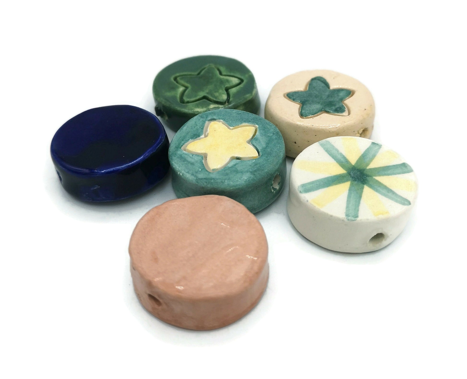 Handmade Ceramic Beads, Mixed Coin Beads 6 Pcs, Best Seller Clay Beads, Round Beads Unusual, Decorative Porcelain Beads For Jewelry Making - Ceramica Ana Rafael