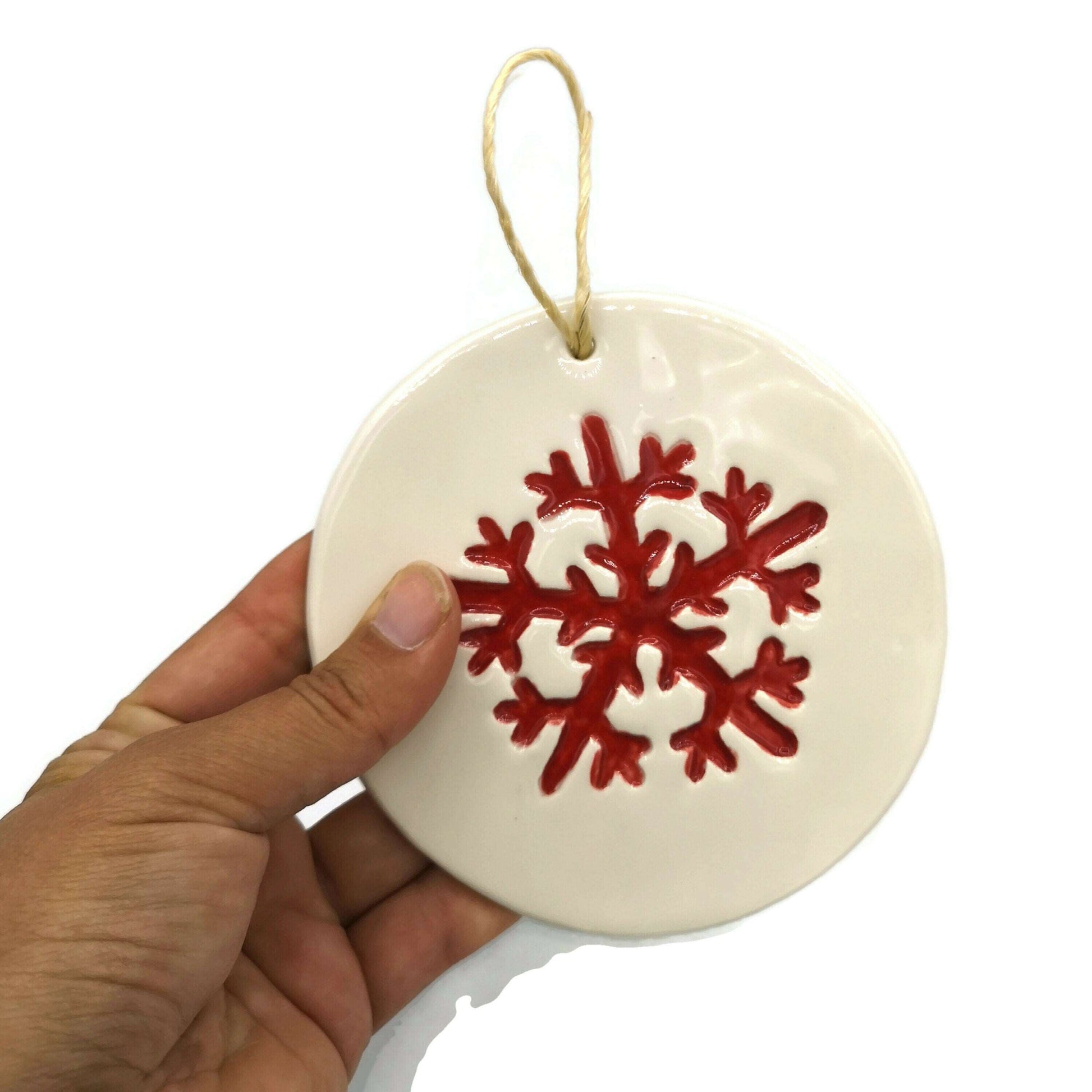 1Pc Red Snowflake Ornament, Handmade Ceramic Wall Hanging Nordic Winter Decor, Chrismas Tree Ornament